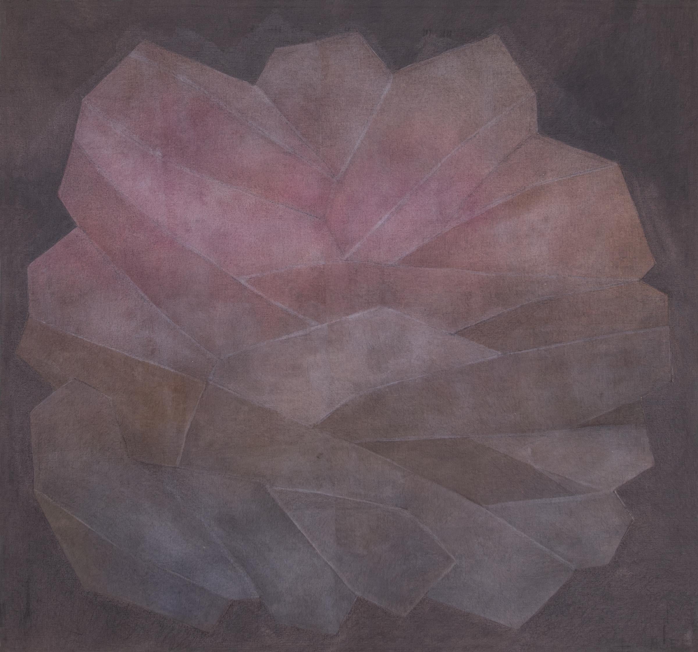 Mid-century modern abstract painting of crystal formations by Margo Hoff (1910-2008) created with acrylic and canvas collage in purple and pink coloring. Wrapped canvas is ready to hang, outer dimensions measure 49 x 49 x 1 ¼ inches. 

Provenance:
