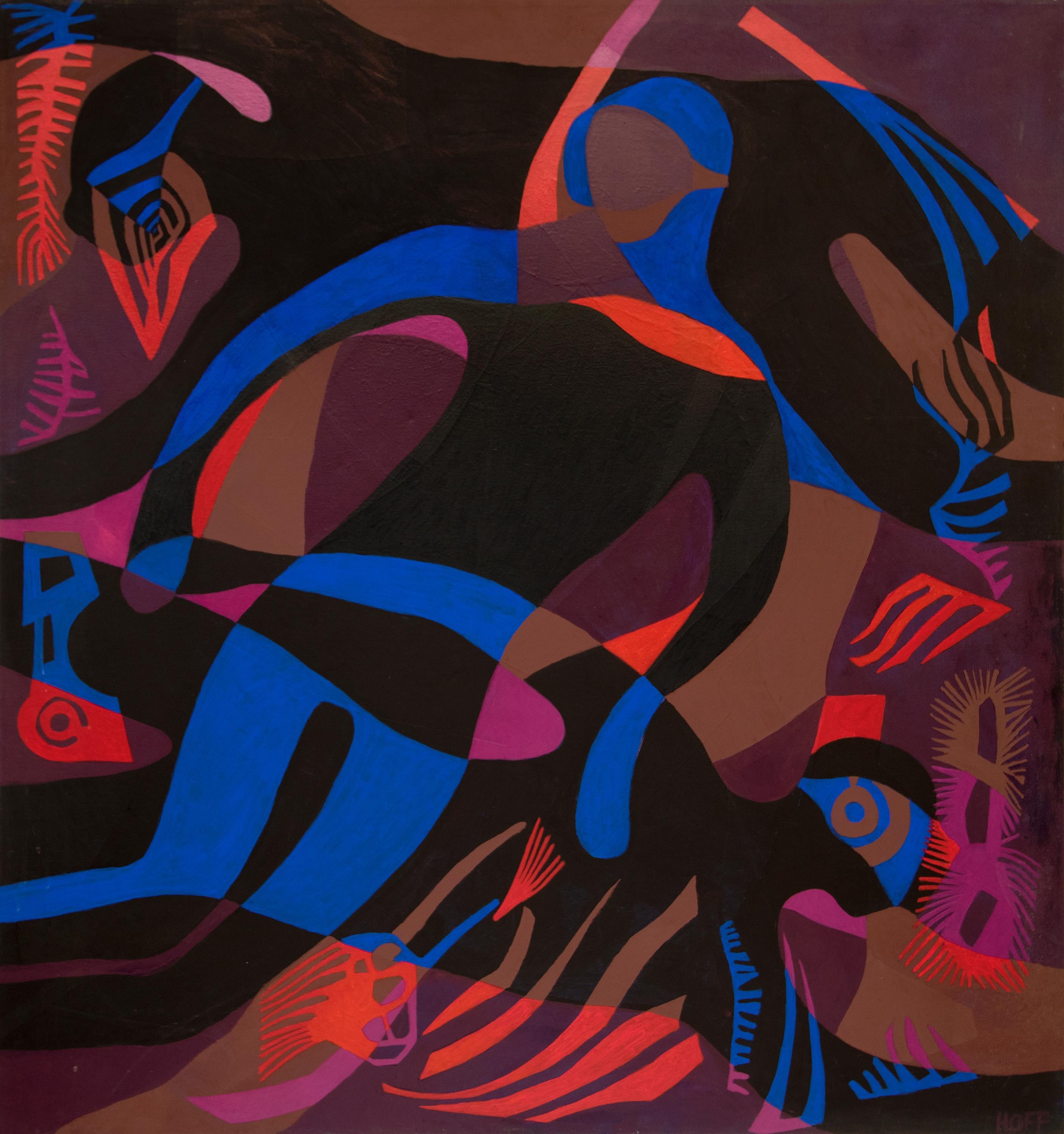 Figurative Painting Margo Hoff - Diverse foncée, peinture figurative abstraite sous-marine, collage bleu noir, rouge
