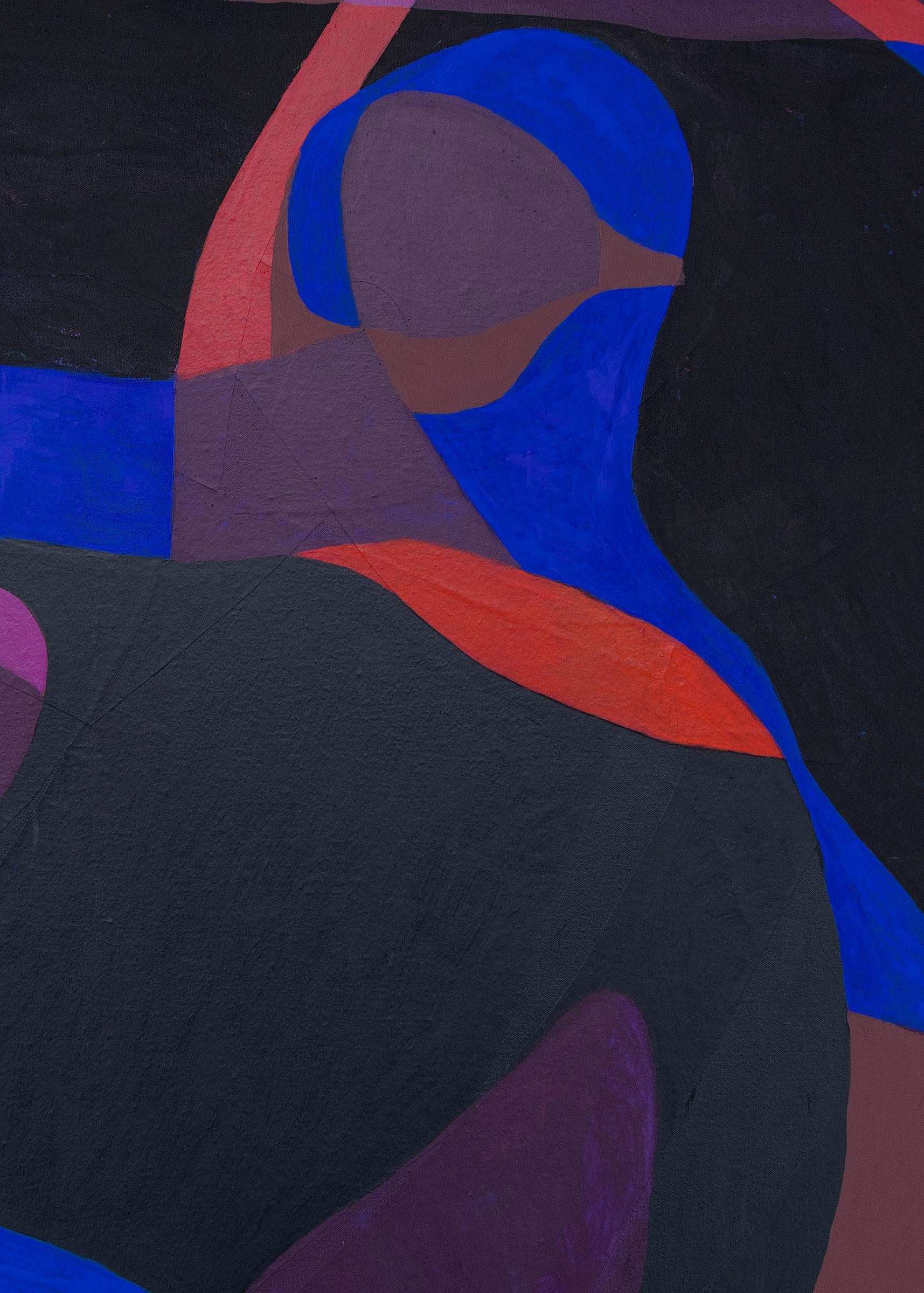 Diverse foncée, peinture figurative abstraite sous-marine, collage bleu noir, rouge - Noir Figurative Painting par Margo Hoff