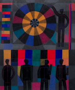 Gamblers, halb-abstrakte Malerei, 1970er Jahre, Schwarz, Grau, Rot, Rosa, Lila, Blau und Gelb