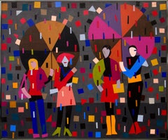 Retro "Girls in the Rain" Semi Abstract Painting circa 1980, Gray, Pink, Green, Yellow