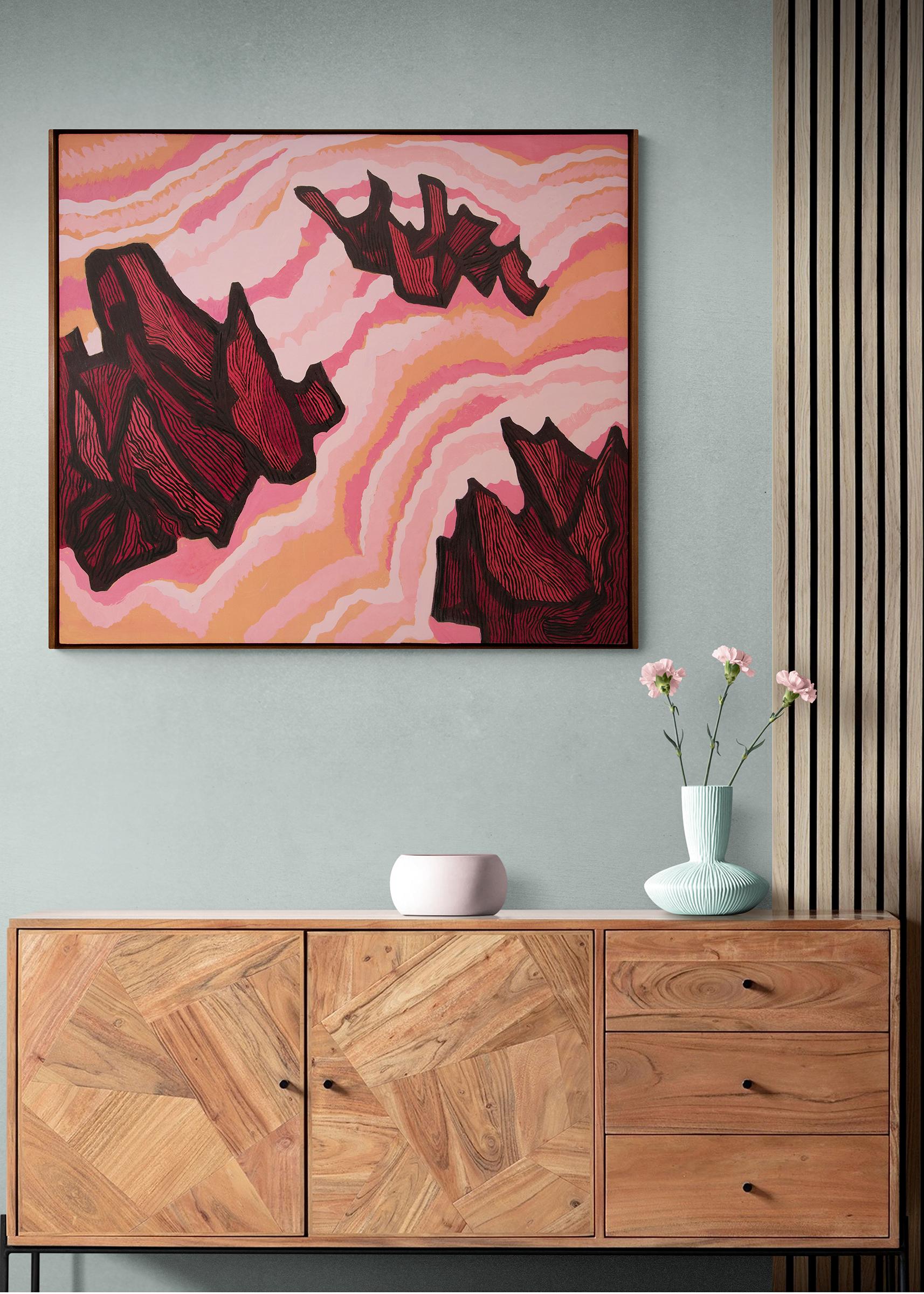 Jagged Sea, 1960s Abstract Landscape Painting, Tones of Pink, Red, Orange  For Sale 3