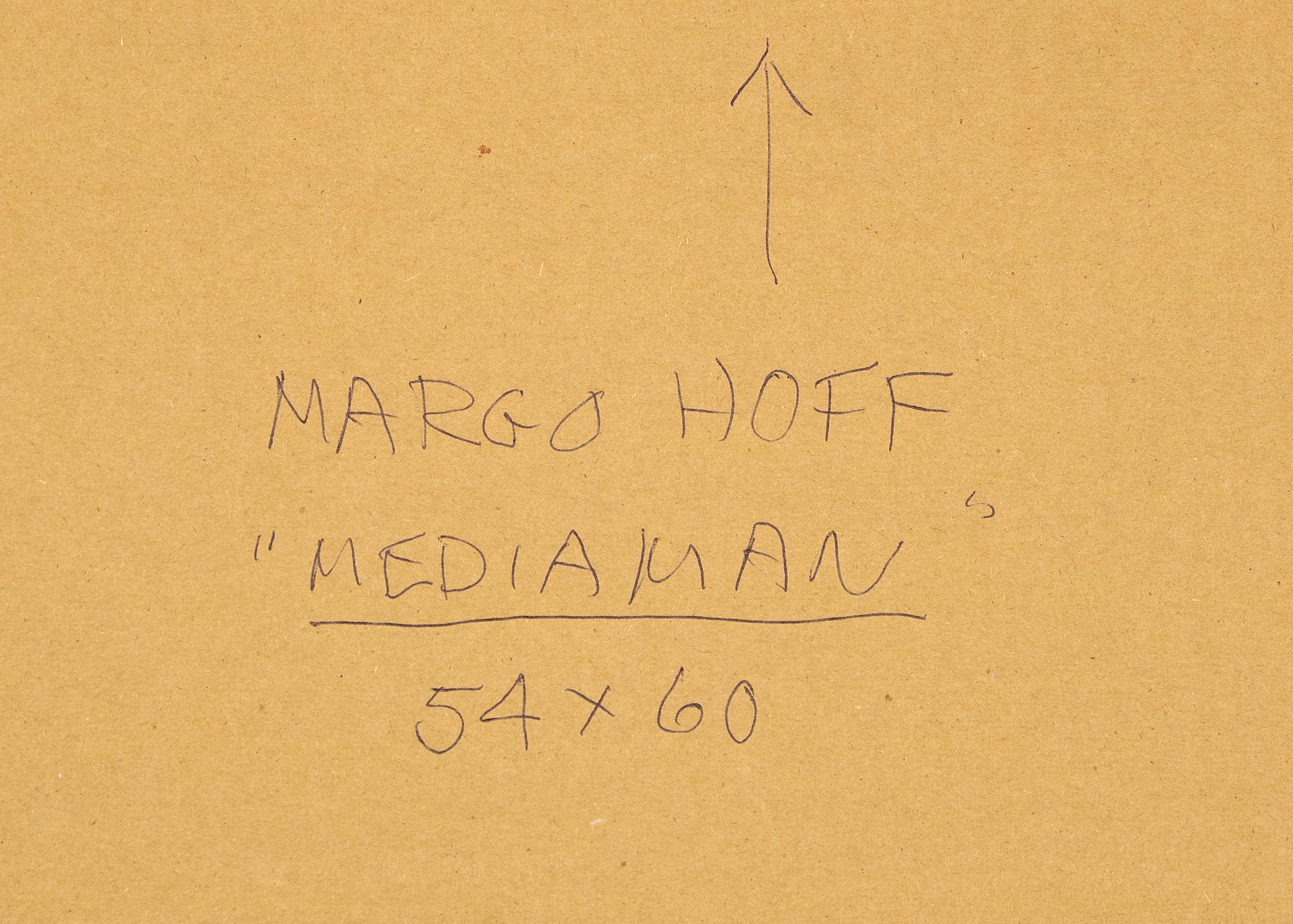 Media Man, Abstrakte Collage aus Acryl und Leinwand von Margo Hoff, Rot-Lila, 1970er Jahre im Angebot 8