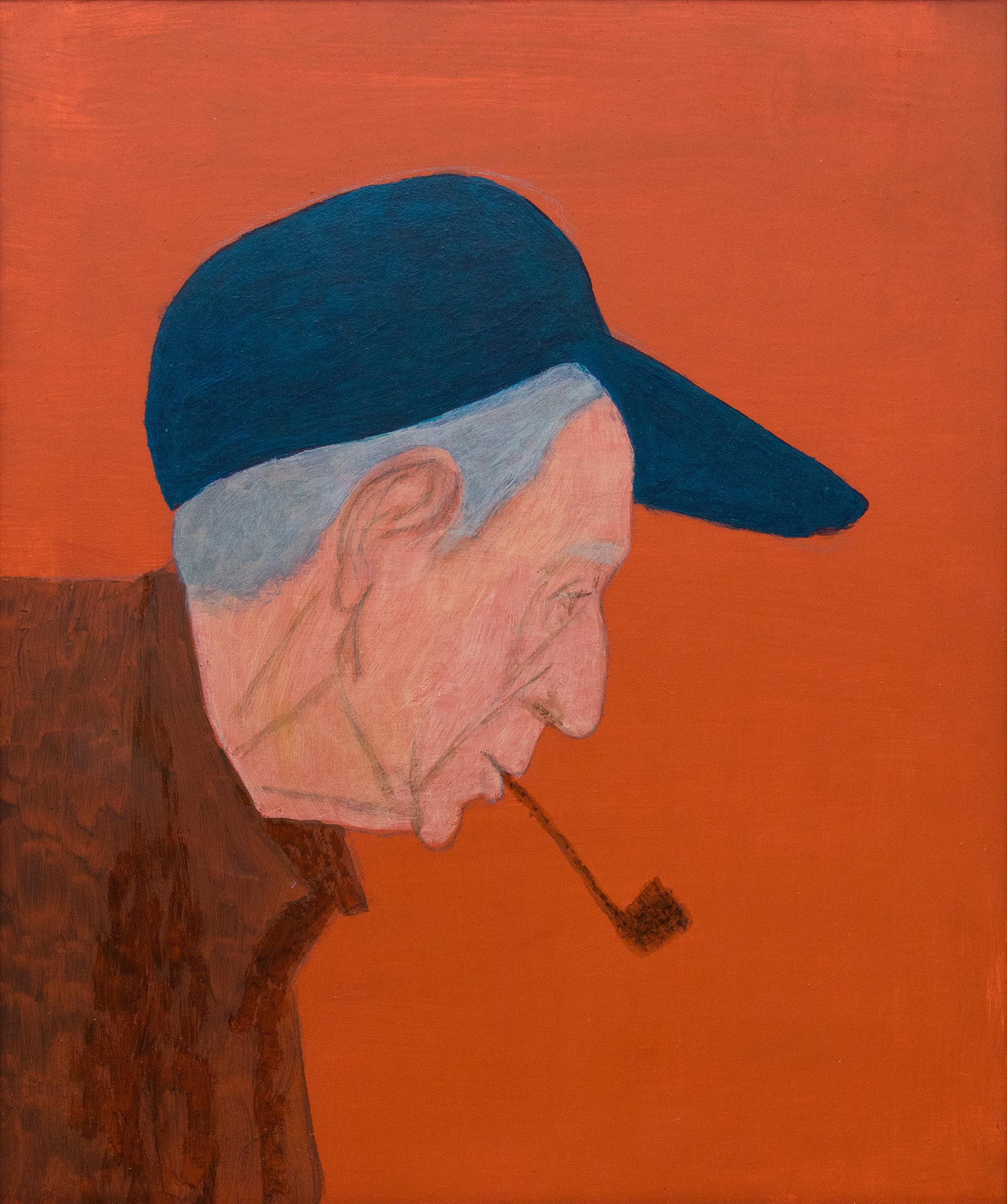 Portrait of a Man in Profile Smoking a Pipe, Orange, Blue, Brown, Gray - American Modern Painting by Margo Hoff
