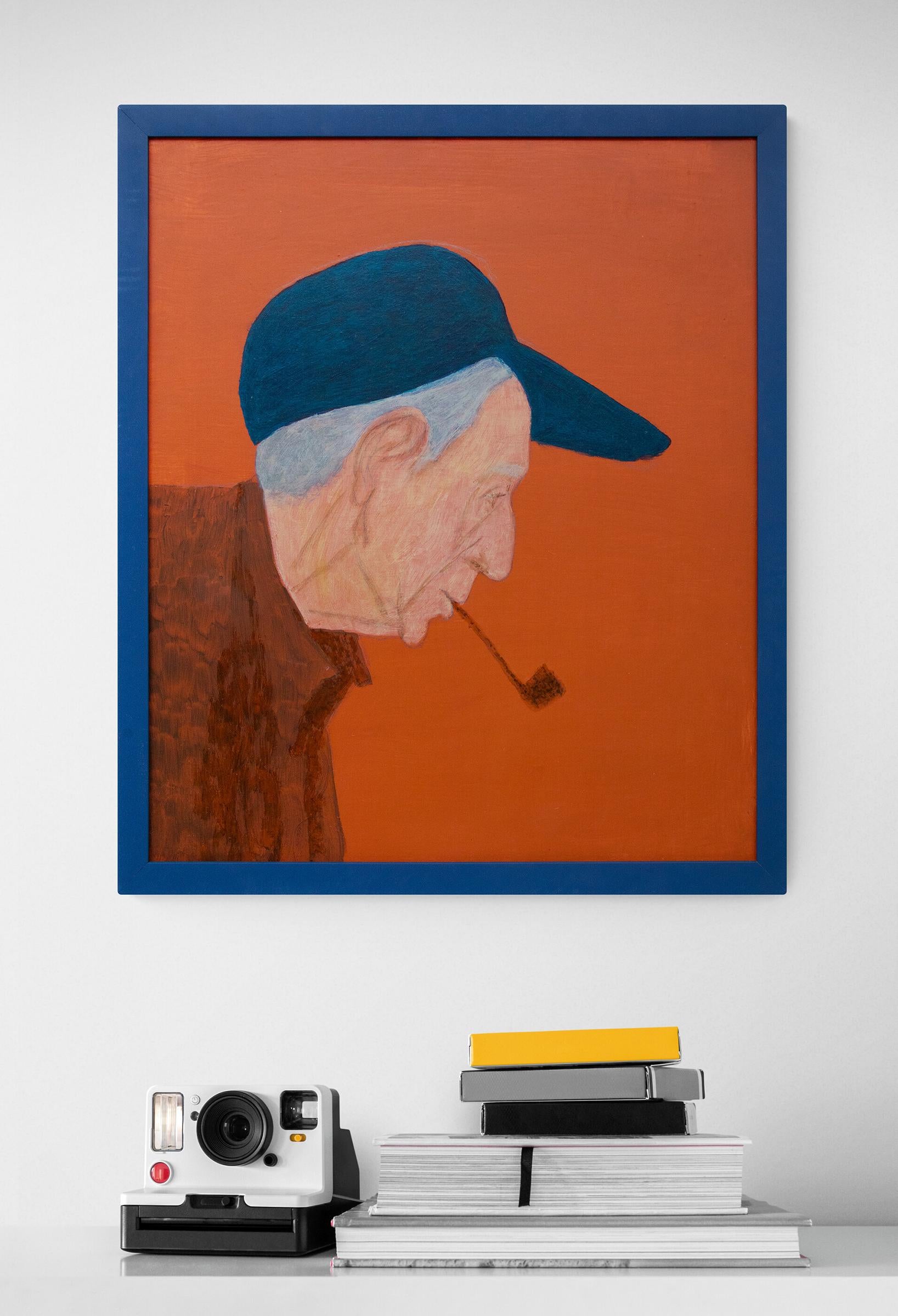 Vintage original painting by 20th century Chicago/Manhattan woman artist, Margo Hoff.  The untitled painting is of an older man with gray hair shown in profile with an orange background. The man bears a resemblance to Norman Rockwell and is wearing