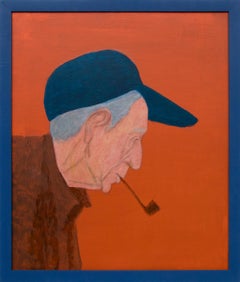 Vintage Portrait of a Man in Profile Smoking a Pipe, Orange, Blue, Brown, Gray
