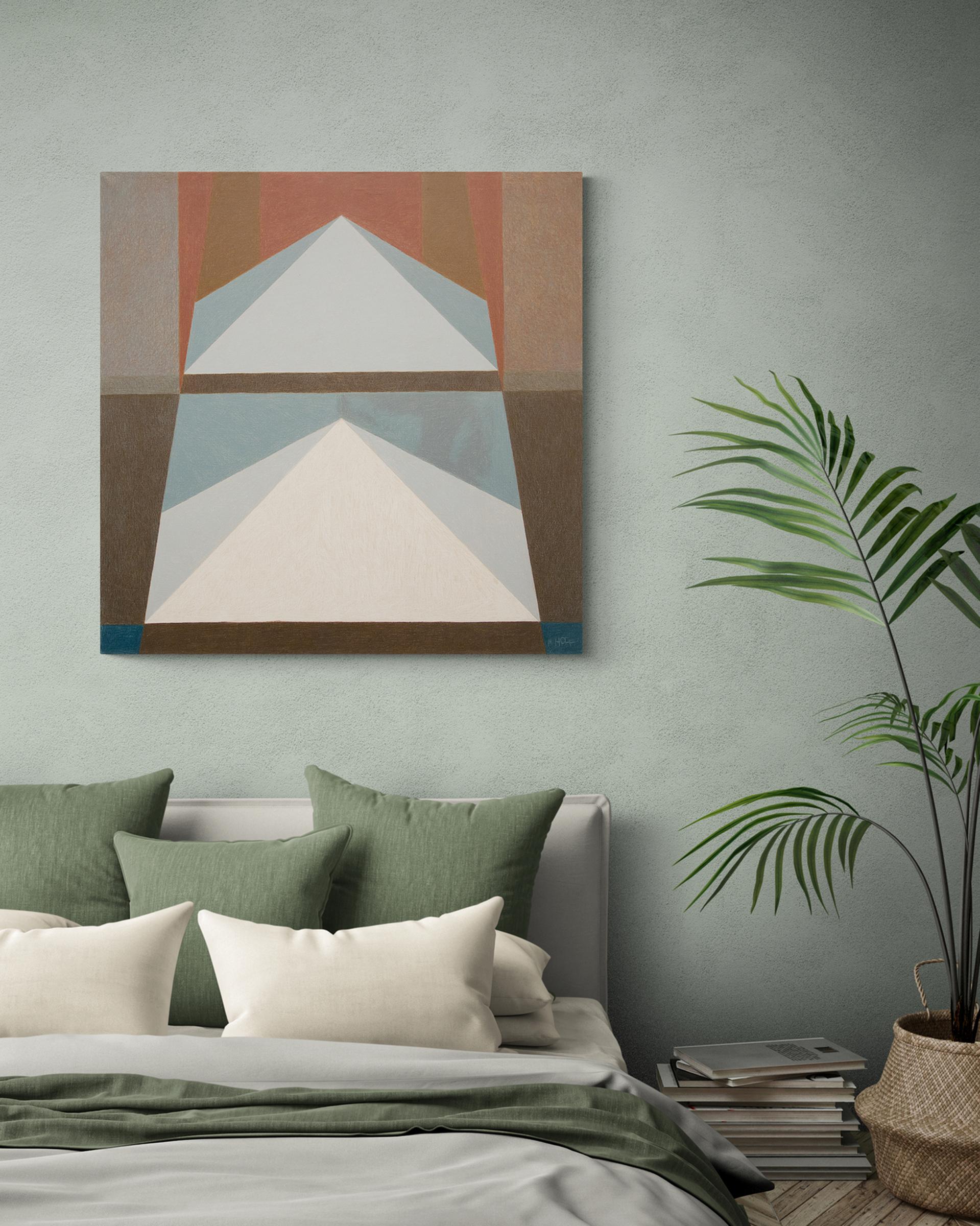 Pyramid, Vintage Abstract Geometric Blue, Orange and Brown Oil on Wrapped Canvas For Sale 5