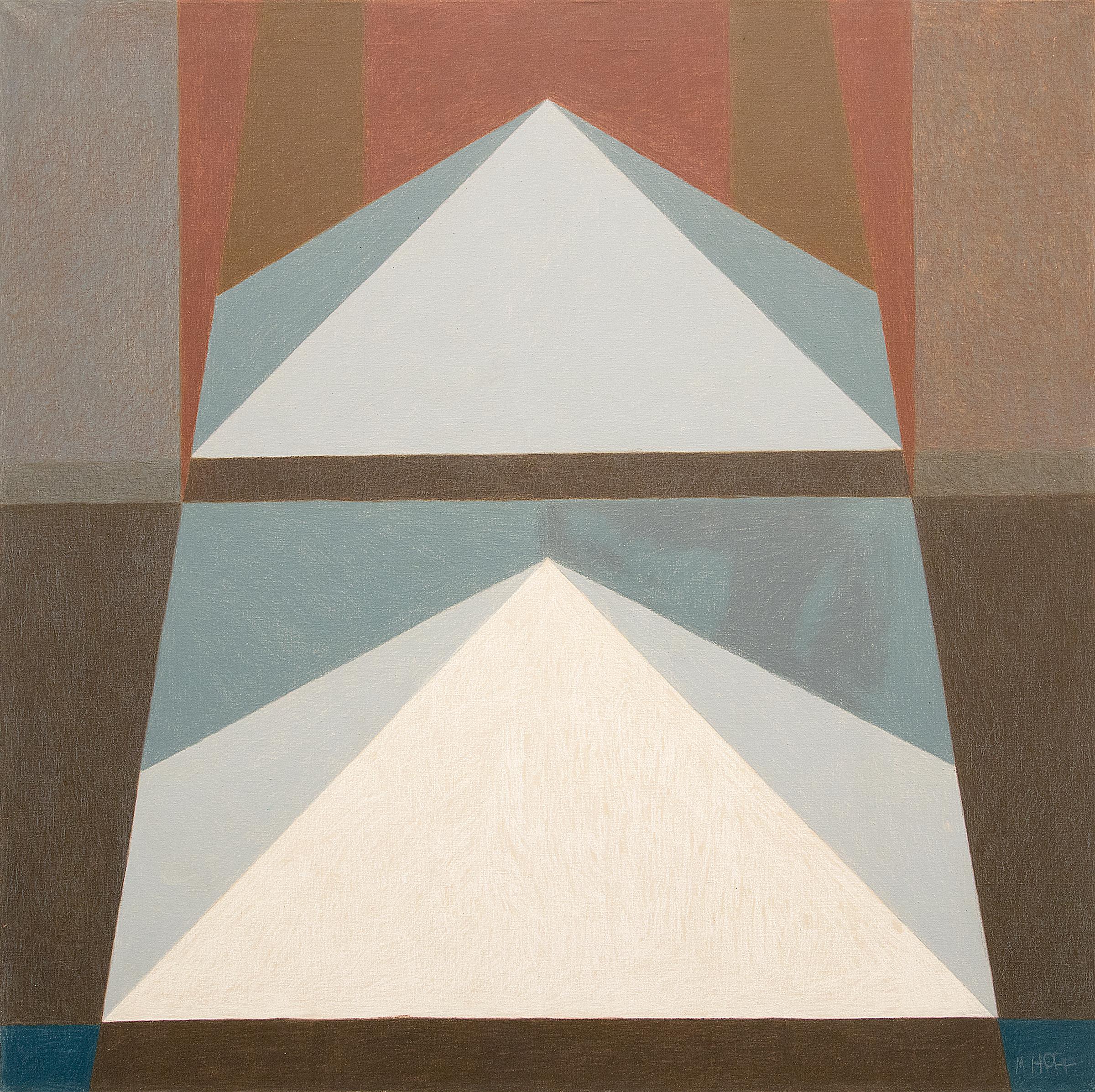 Pyramide, Abstrakte geometrische Pyramide, Vintage, Blau, Orange und Braun, Öl auf gewickelter Leinwand – Painting von Margo Hoff