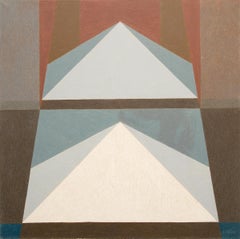 Pyramid, Vintage Abstract Geometric Blue, Orange and Brown Oil on Wrapped Canvas