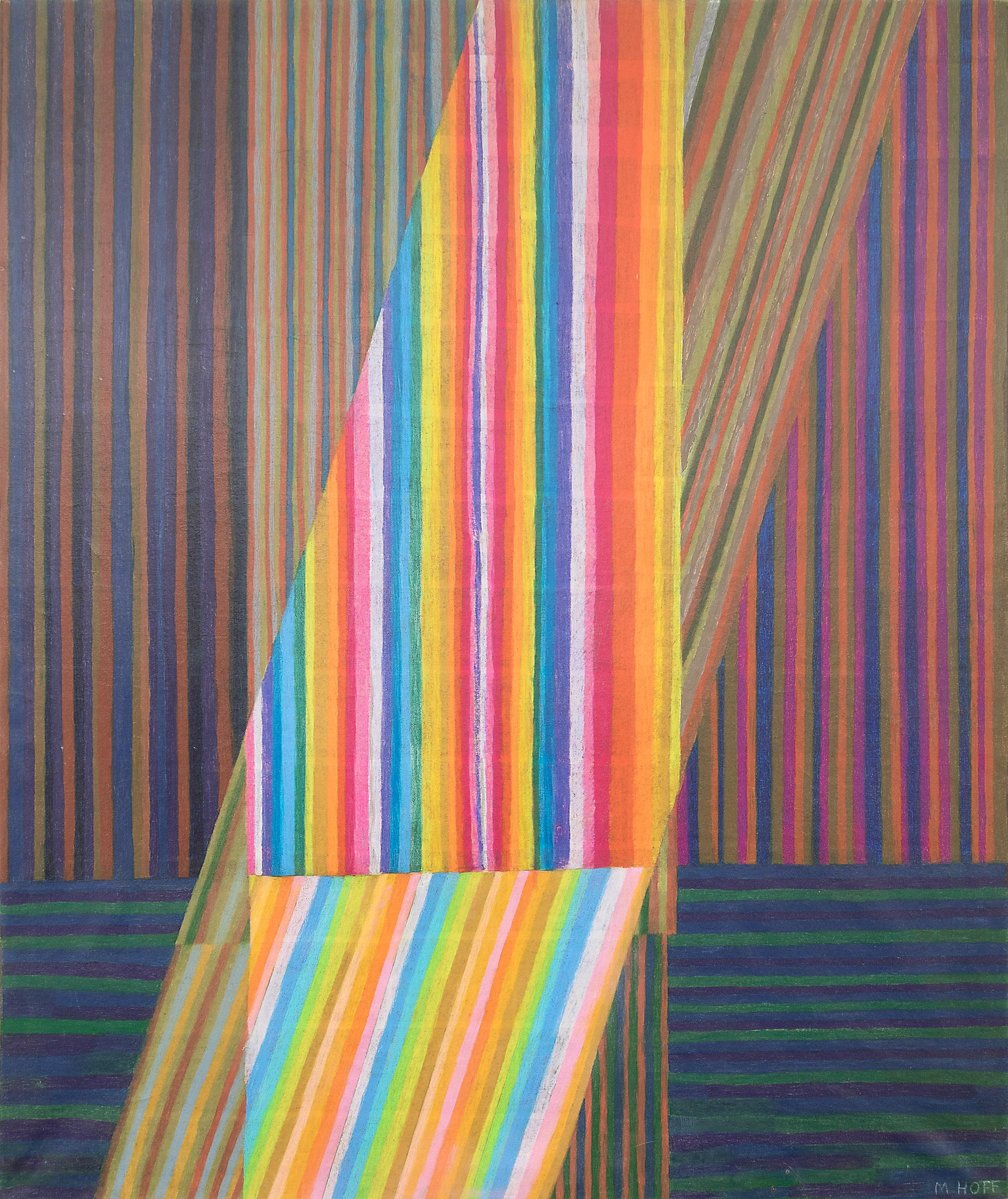 Abstract oil and pastel on canvas titled 'Rainbow River' painted in 1979 by artist Margo Hoff (1910-2008). Vertical large scale work with rainbow colored stripes across the canvas. Wrapped canvas with finished edges that are ready for hanging;