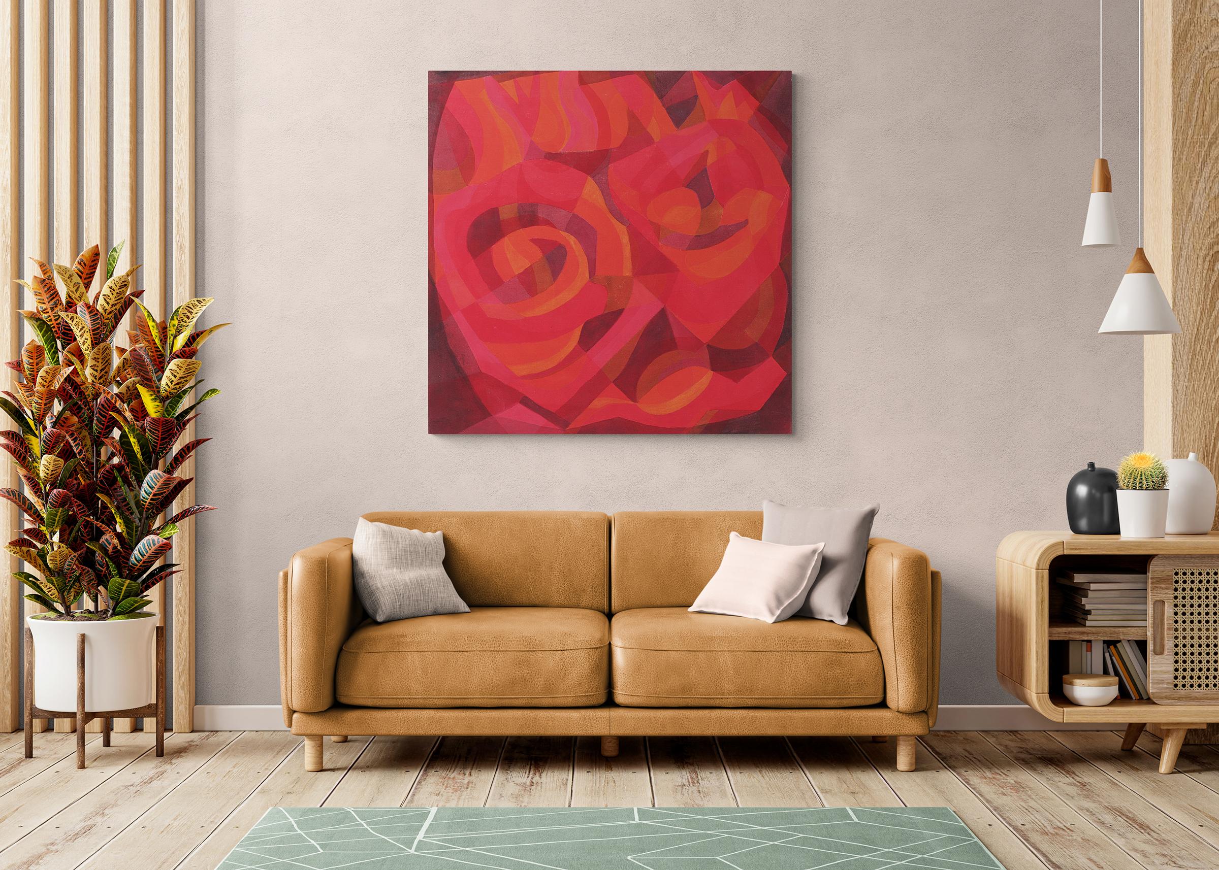 Revolving Sundown, Pittura acrilica astratta su tela rossa e arancione degli anni '80 6