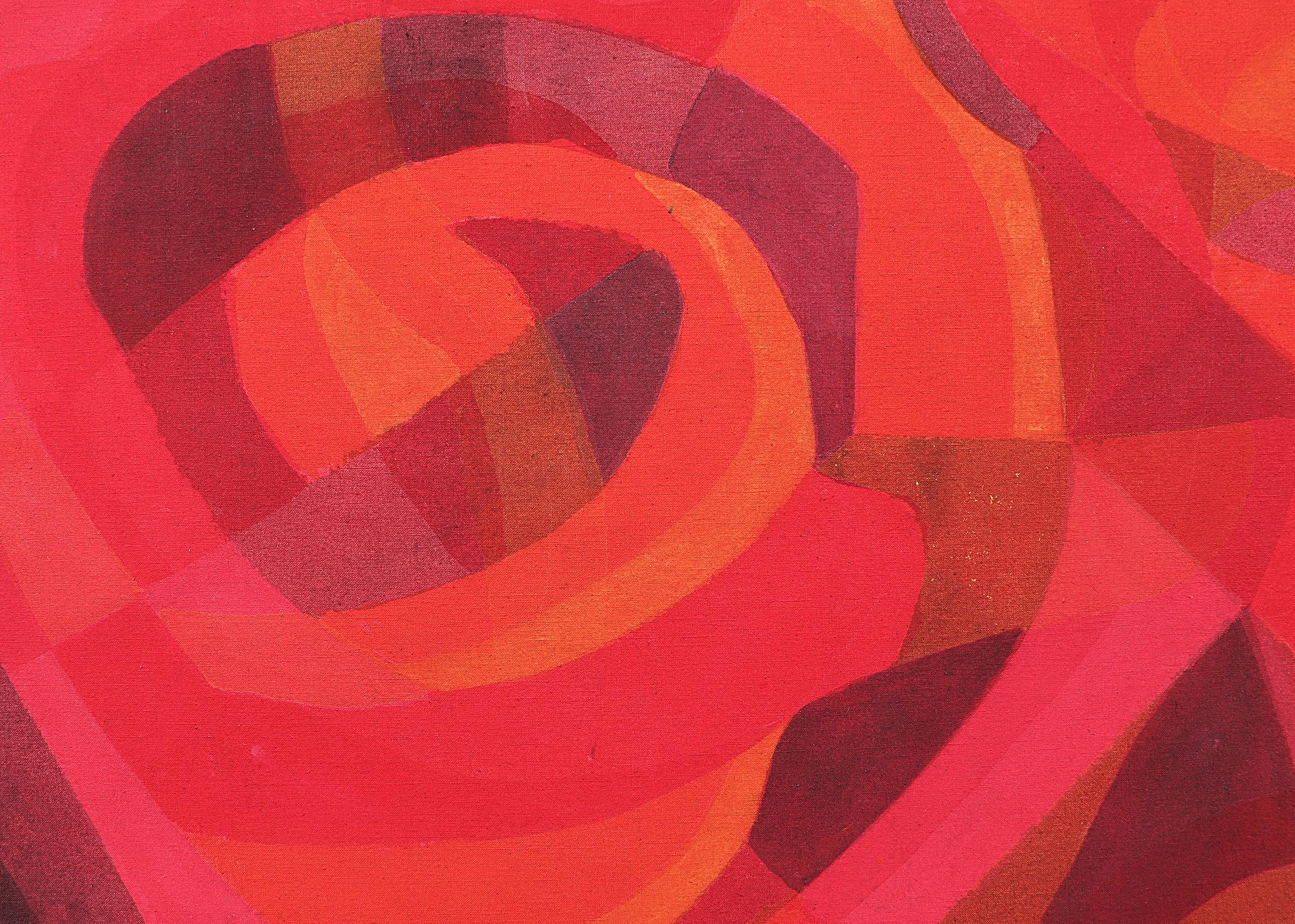 Abstract acrylic painting in shades of red and orange painted in 1988 and signed by Margo Hoff (1910-2008). Wrapped canvas edges are ready for hanging, measuring 48 x 48 inches. 

Provenance: Estate of the artist, Margo Hoff

Painting is in good