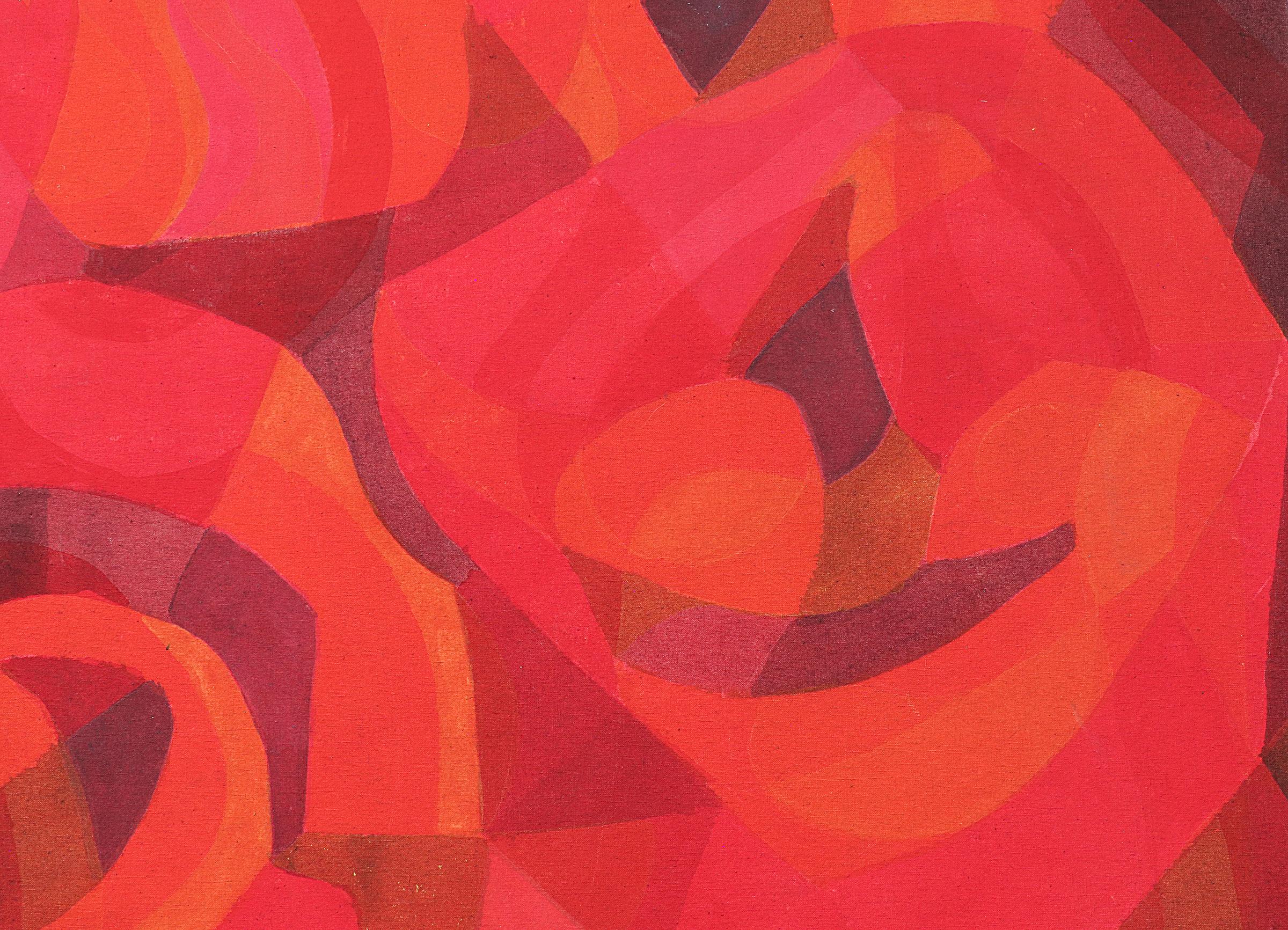 Revolving Sundown, peinture abstraite à l'acrylique sur toile rouge et orange, années 1980  - Abstrait Painting par Margo Hoff