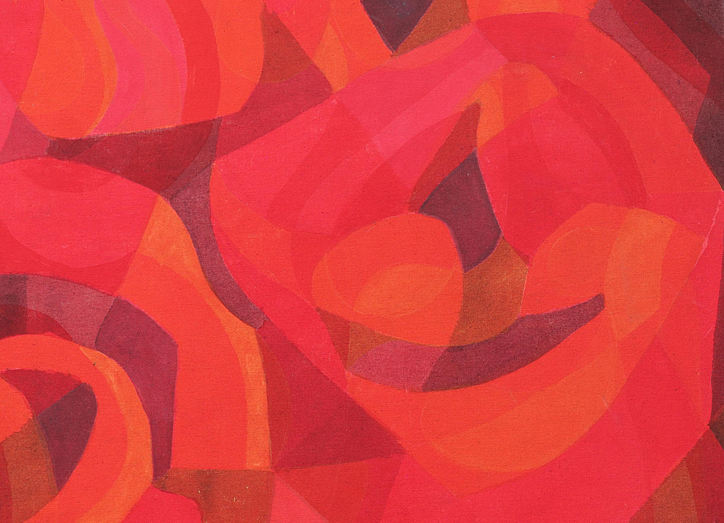 Revolving Sundown, Pittura acrilica astratta su tela rossa e arancione degli anni '80 - Painting Astratto di Margo Hoff