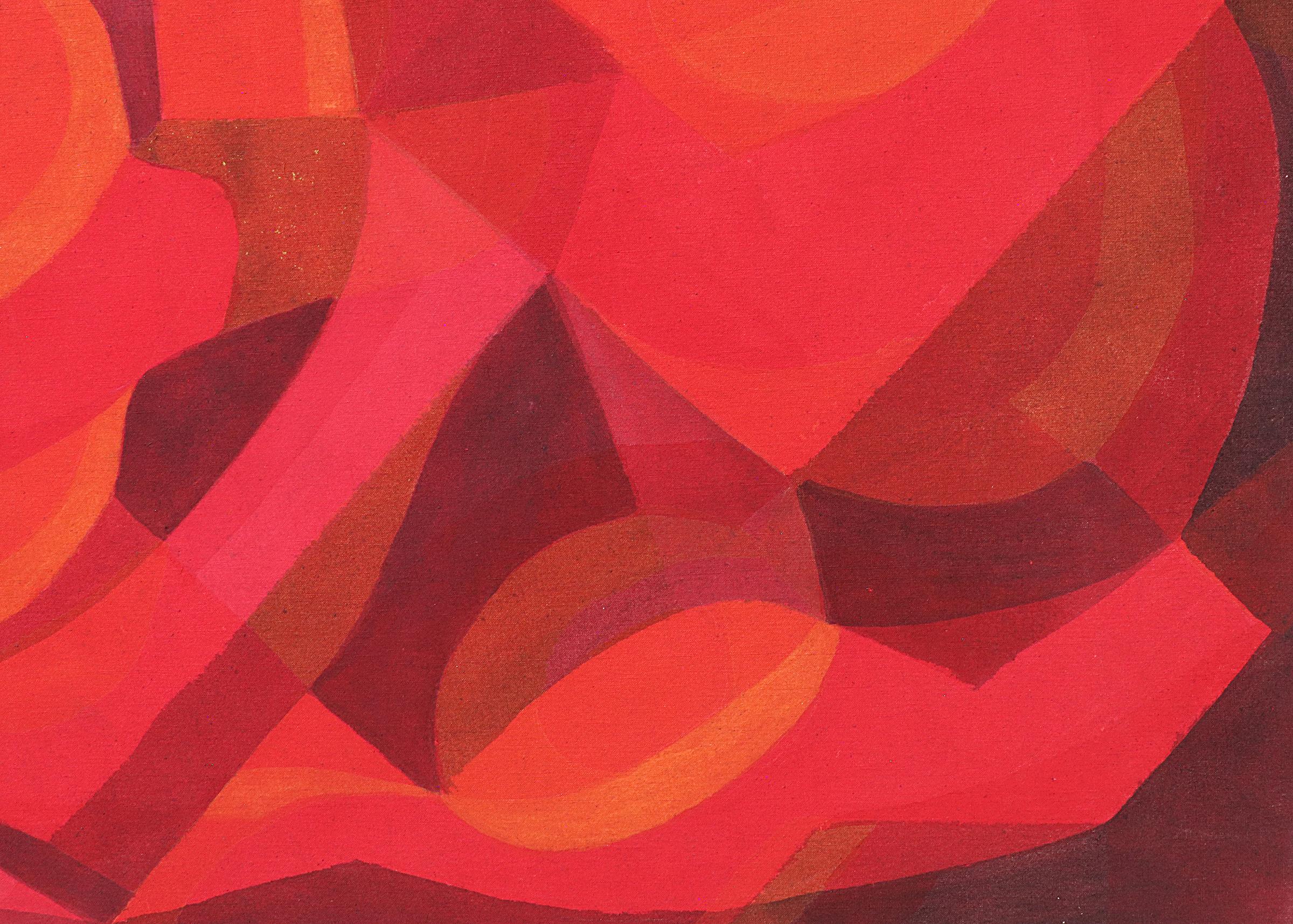 Peinture acrylique abstraite dans les tons rouge et orange peinte en 1988 et signée par Margo Hoff (1910-2008). Les bords de la toile sont prêts à être suspendus et mesurent 48 x 48 pouces. 

Provenance : Succession de l'artiste, Margo Hoff

La