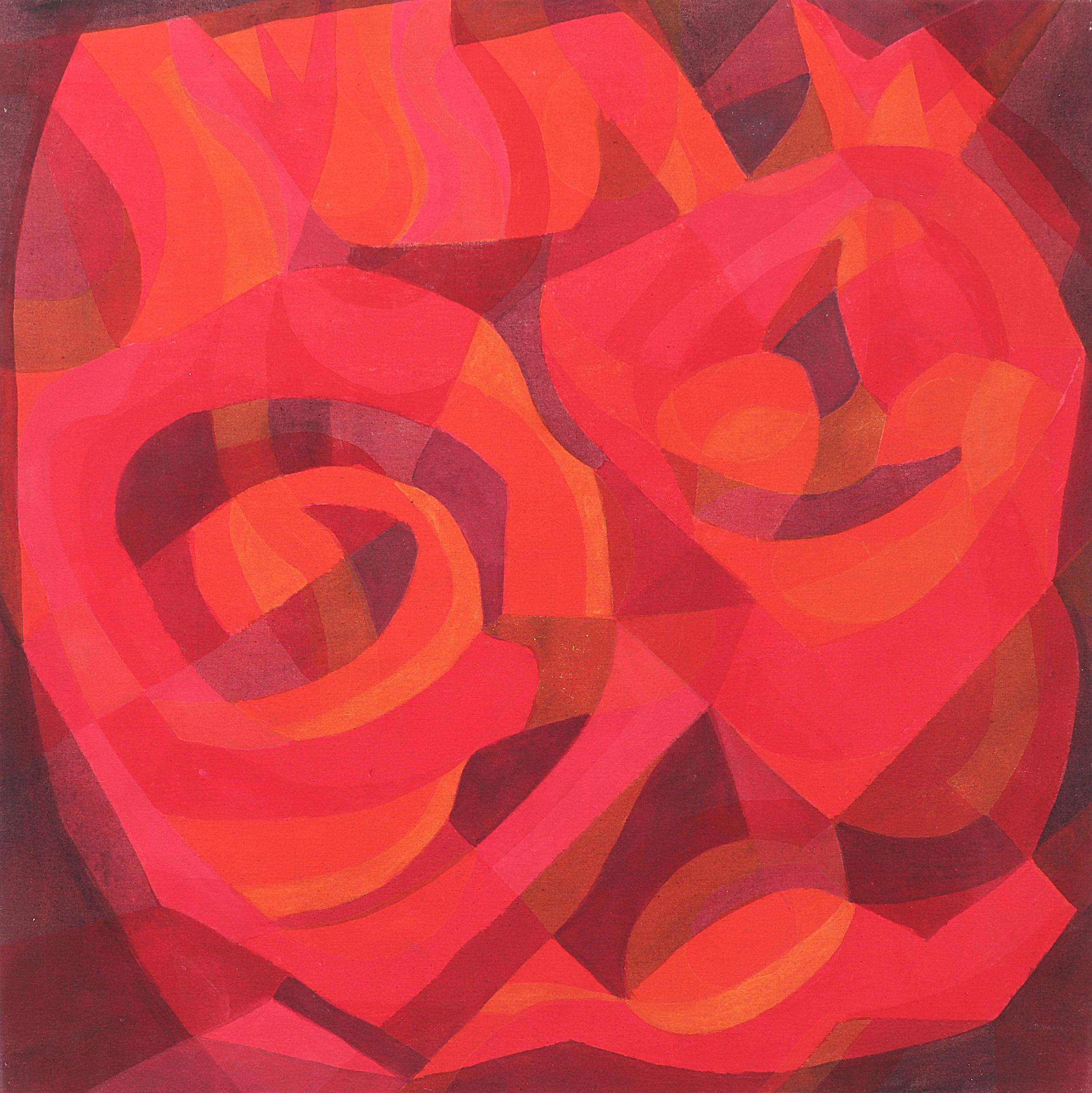 Abstract Painting Margo Hoff - Revolving Sundown, peinture abstraite à l'acrylique sur toile rouge et orange, années 1980 