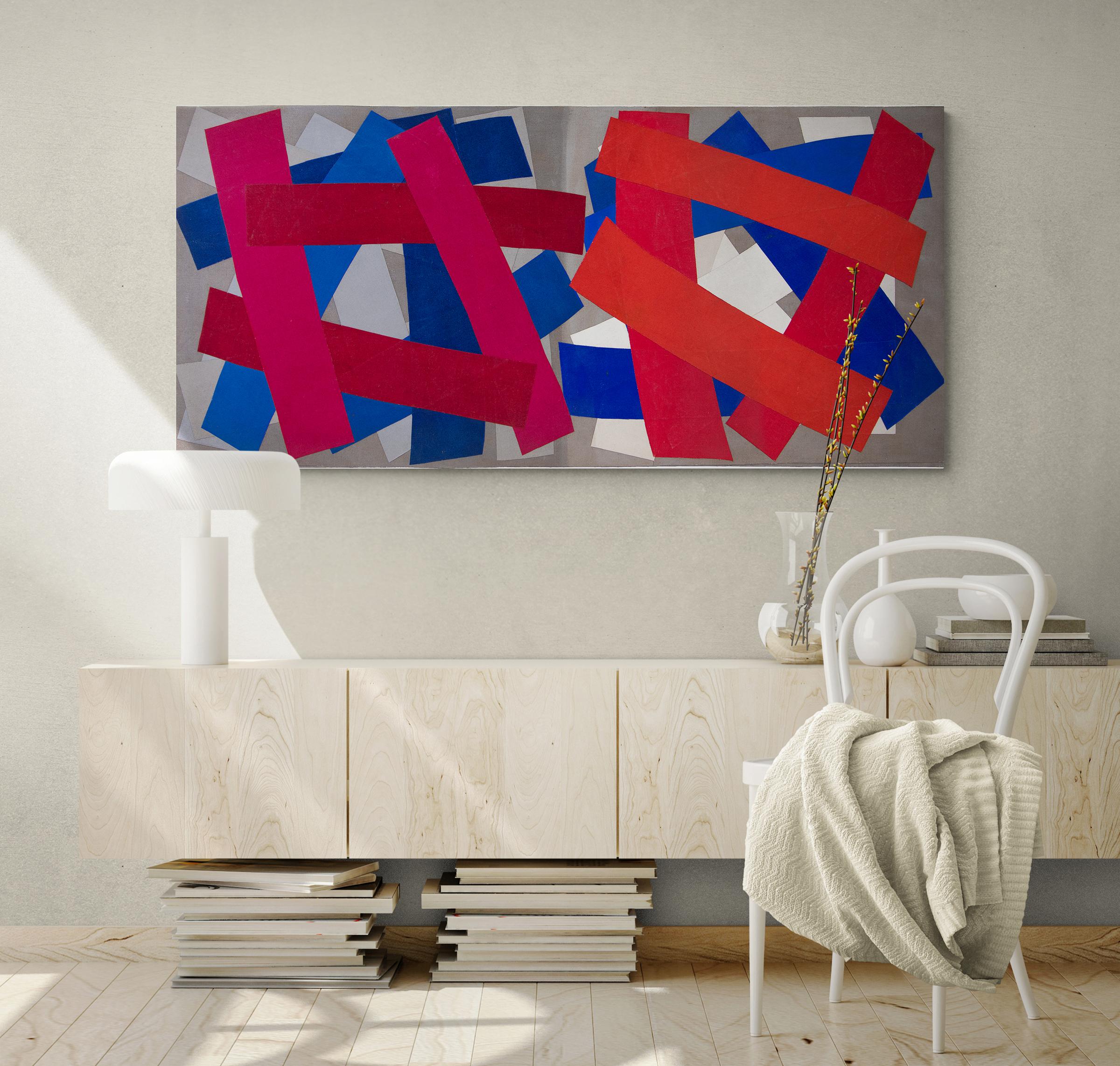Vacanze estive, collage geometrico astratto di acrilico e tela, rosso bianco blu - Painting di Margo Hoff