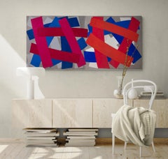 Summer Holiday, Abstract Geometric Acrylic and Canvas Collage, Red White Blue
