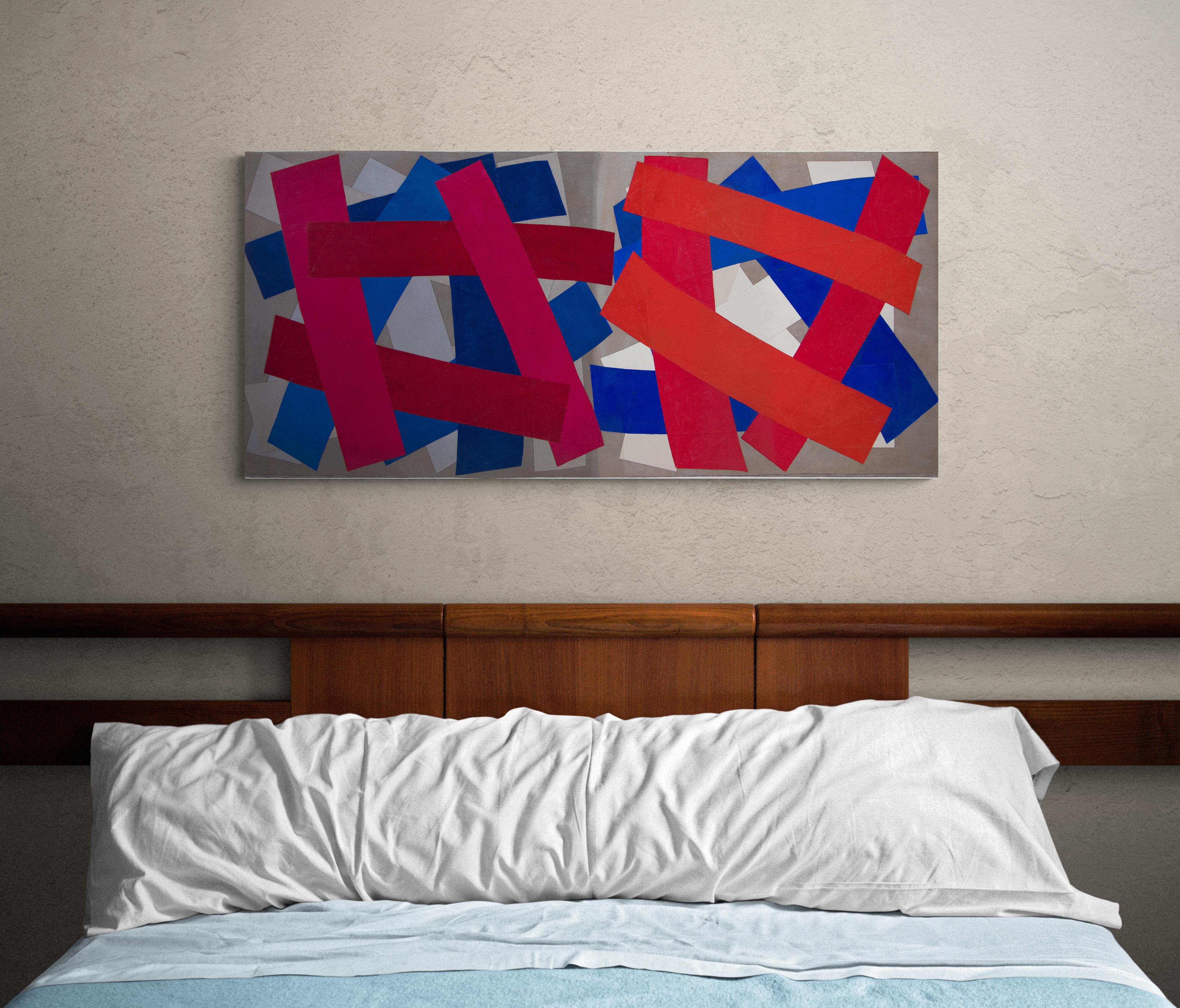 Vacanze estive, collage geometrico astratto di acrilico e tela, rosso bianco blu 1