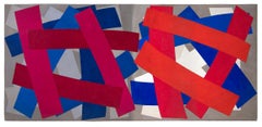 Vintage Summer Holiday, Abstract Geometric Acrylic and Canvas Collage, Red White Blue