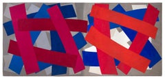Vacanze estive, collage geometrico astratto di acrilico e tela, rosso bianco blu