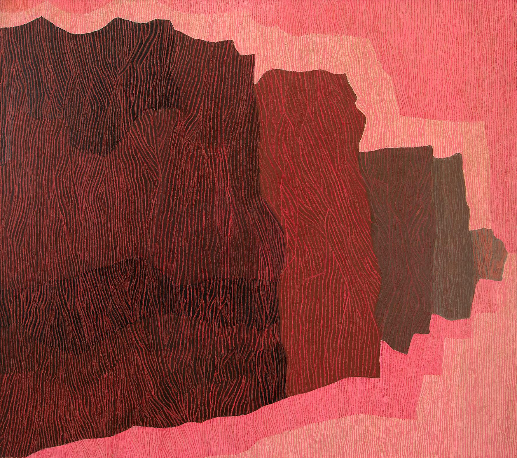 Untitled II (Sea Wall), 1960s Abstract Oil and Crayon on Board, Pink, Red, Gray - Painting by Margo Hoff