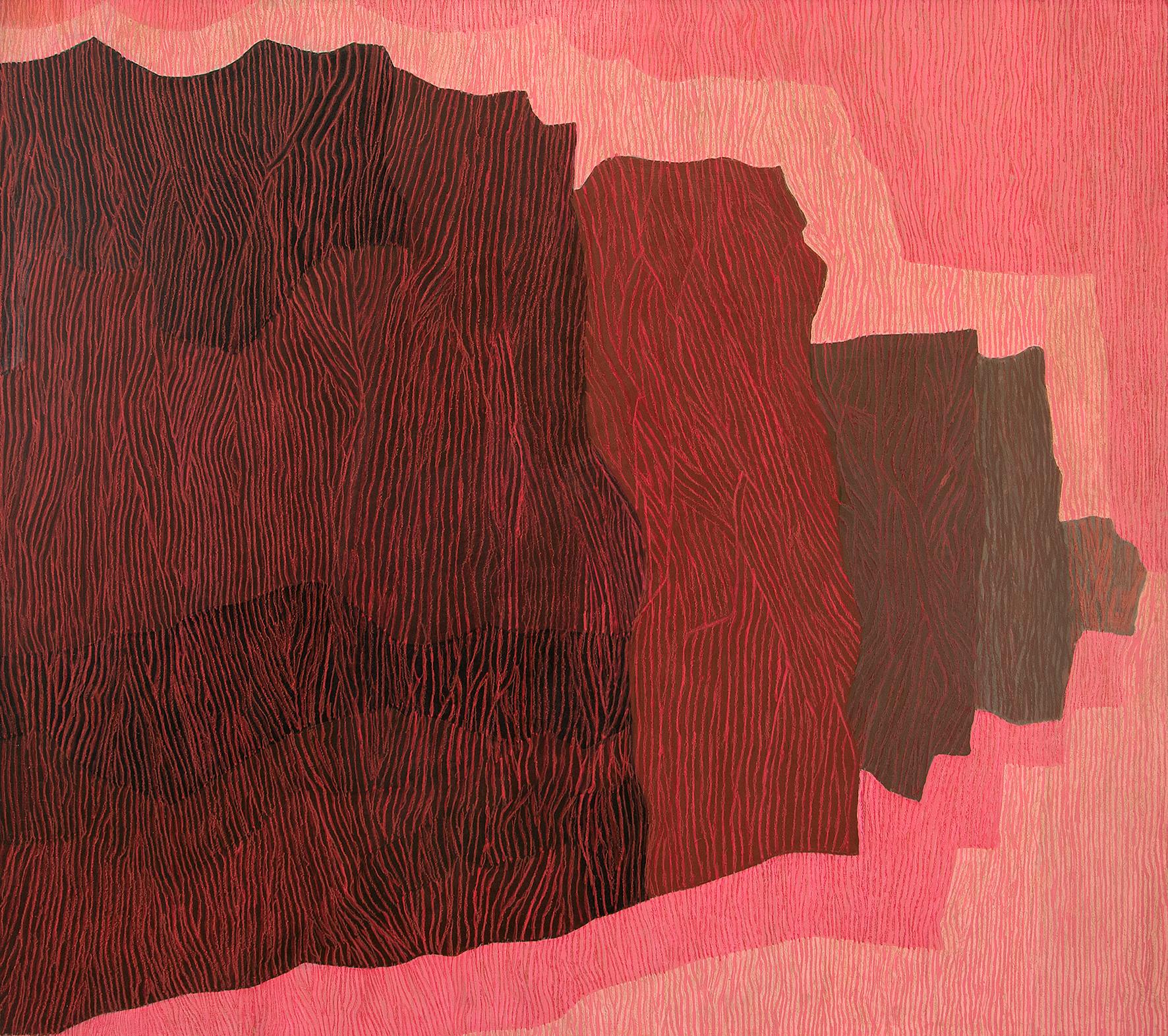 Senza titolo II (Parete marina), 1960 Olio astratto e pastello su tavola, rosa, rosso, grigio - Painting di Margo Hoff