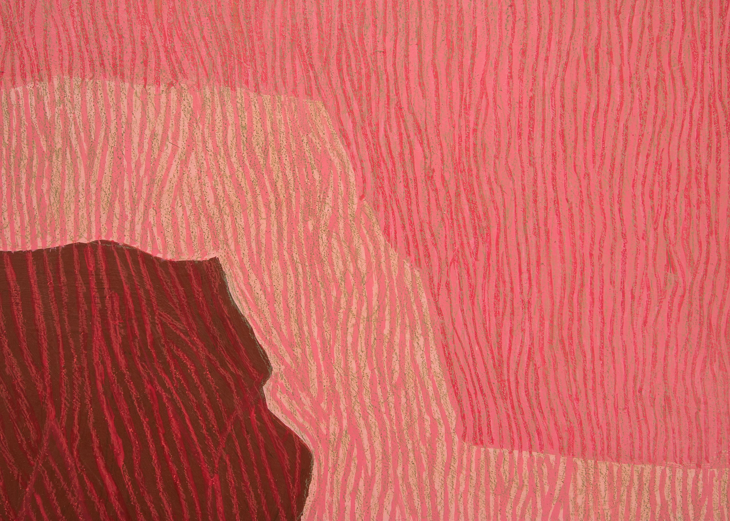 CIRCA 1968 abstraktes Öl und Buntstift auf Karton der Künstlerin Margo Hoff (1910-2008), Nachlassstempel verso. Abstrahierte Klippenszene in Rot-, Rosa- und Grautönen gemalt. Präsentiert in einem benutzerdefinierten Rahmen, äußeren Abmessungen