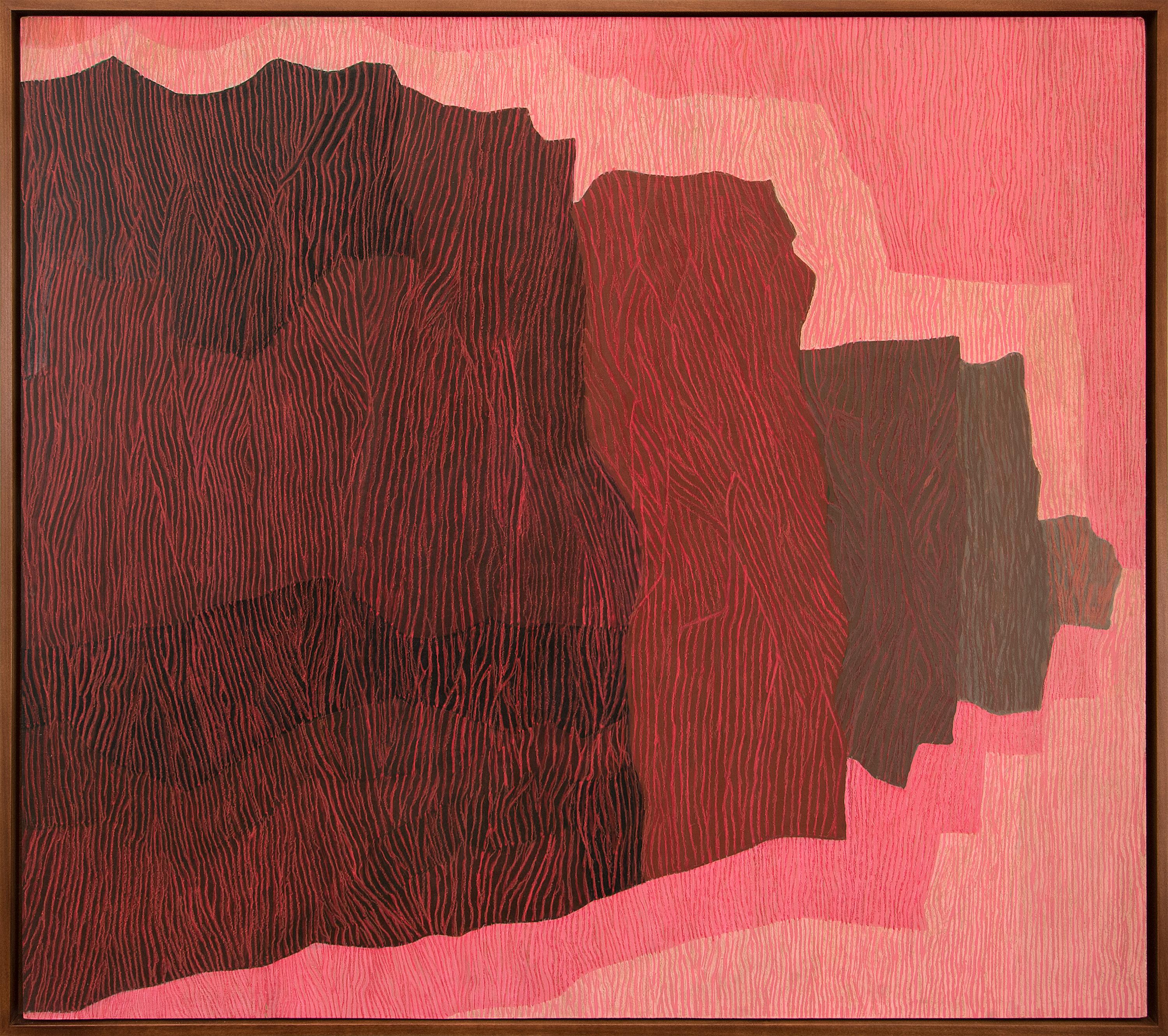Margo Hoff Abstract Painting – Ohne Titel II (Meereswand), 1960er Jahre Abstraktes Öl und Buntstift auf Karton, Rosa, Rot, Grau