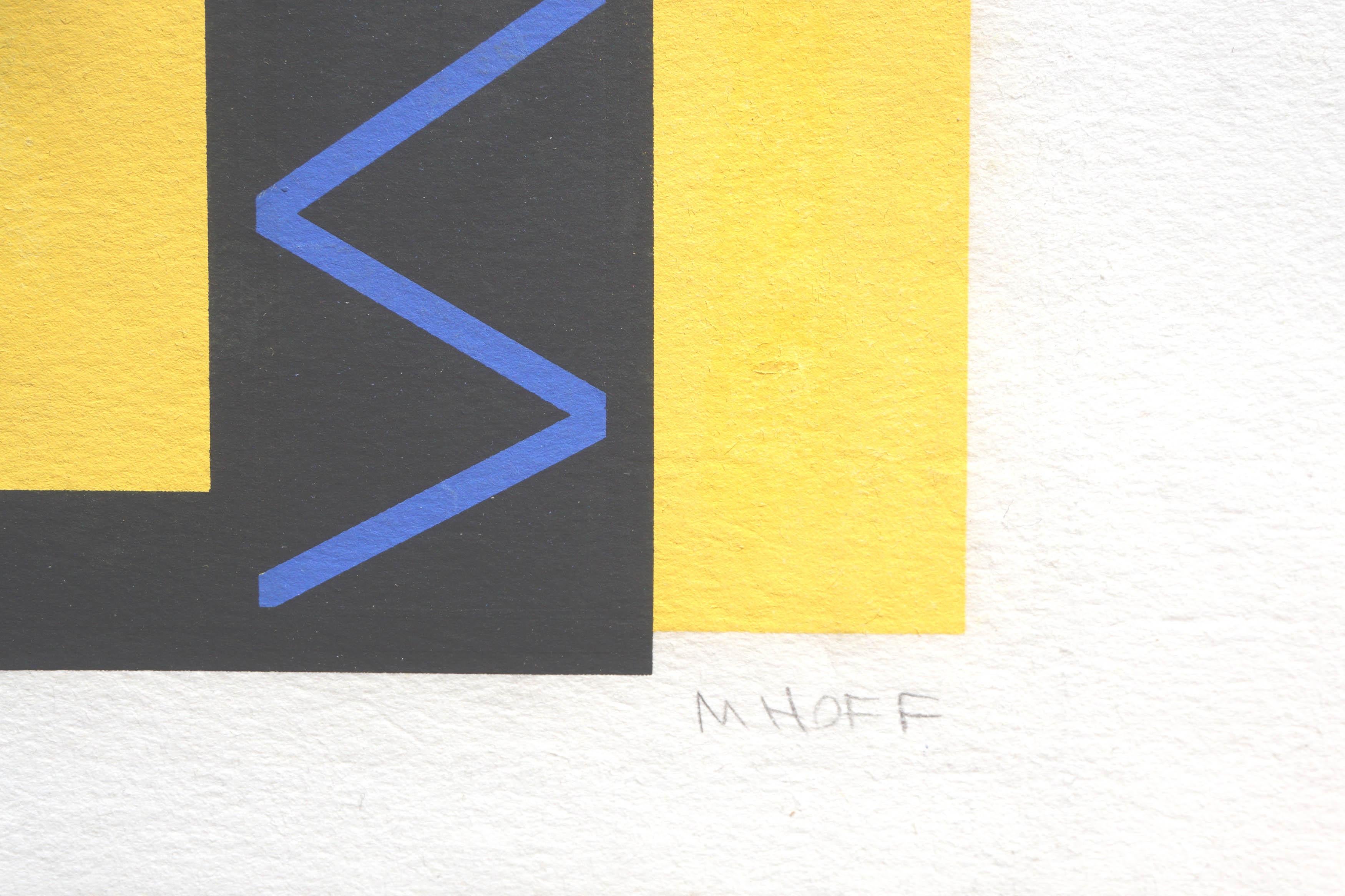 Maravillosa serigrafía abstracta geométrica en negro, azul y amarillo de Margo Hoff (estadounidense, 1912-2008), hacia 1980. Titulado 