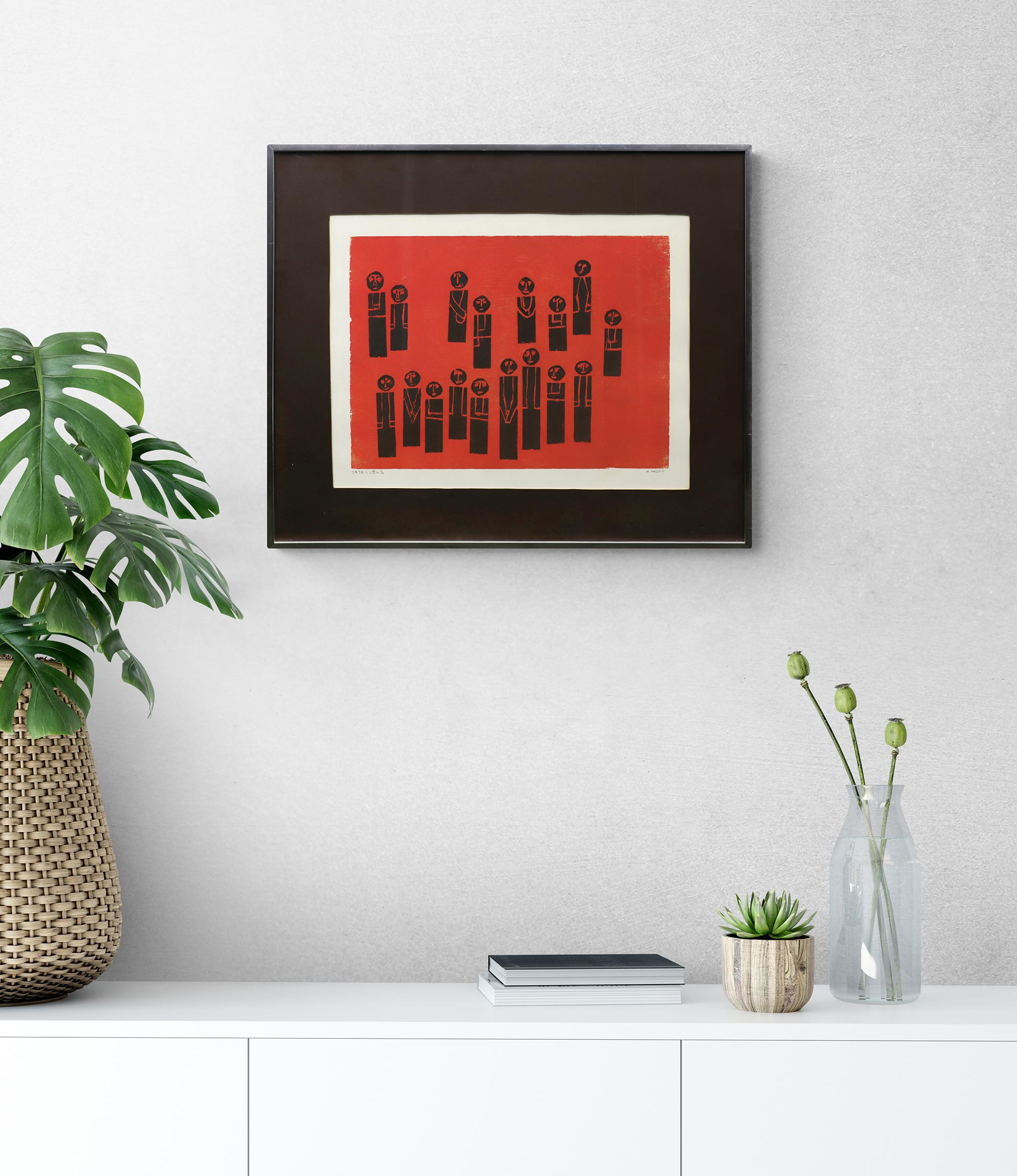 Mid Century Modern Woodblock Print, Red Black Group of Figures, American Modern For Sale 9