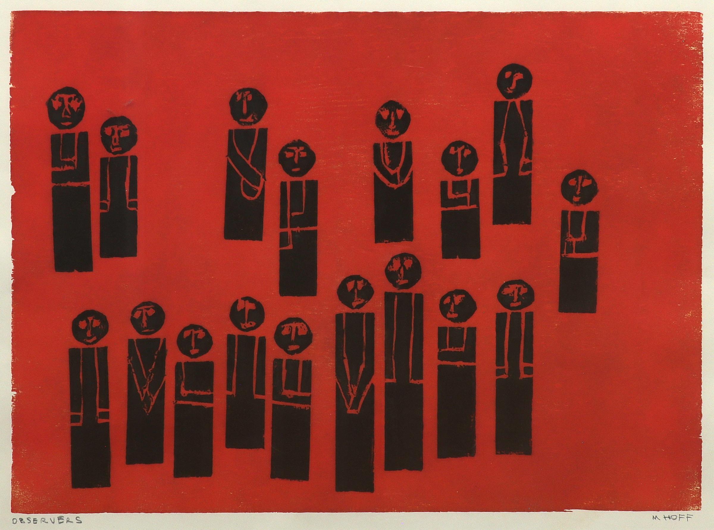 Woodblock on colored paper by Margo Hoff (1910-2008) titled 'Observers' of a black and red abstract scene with seventeen figures whose arms are in various positions, looking out at the viewer. Presented in a frame measuring 20 ½ x 24 ½ inches. Image