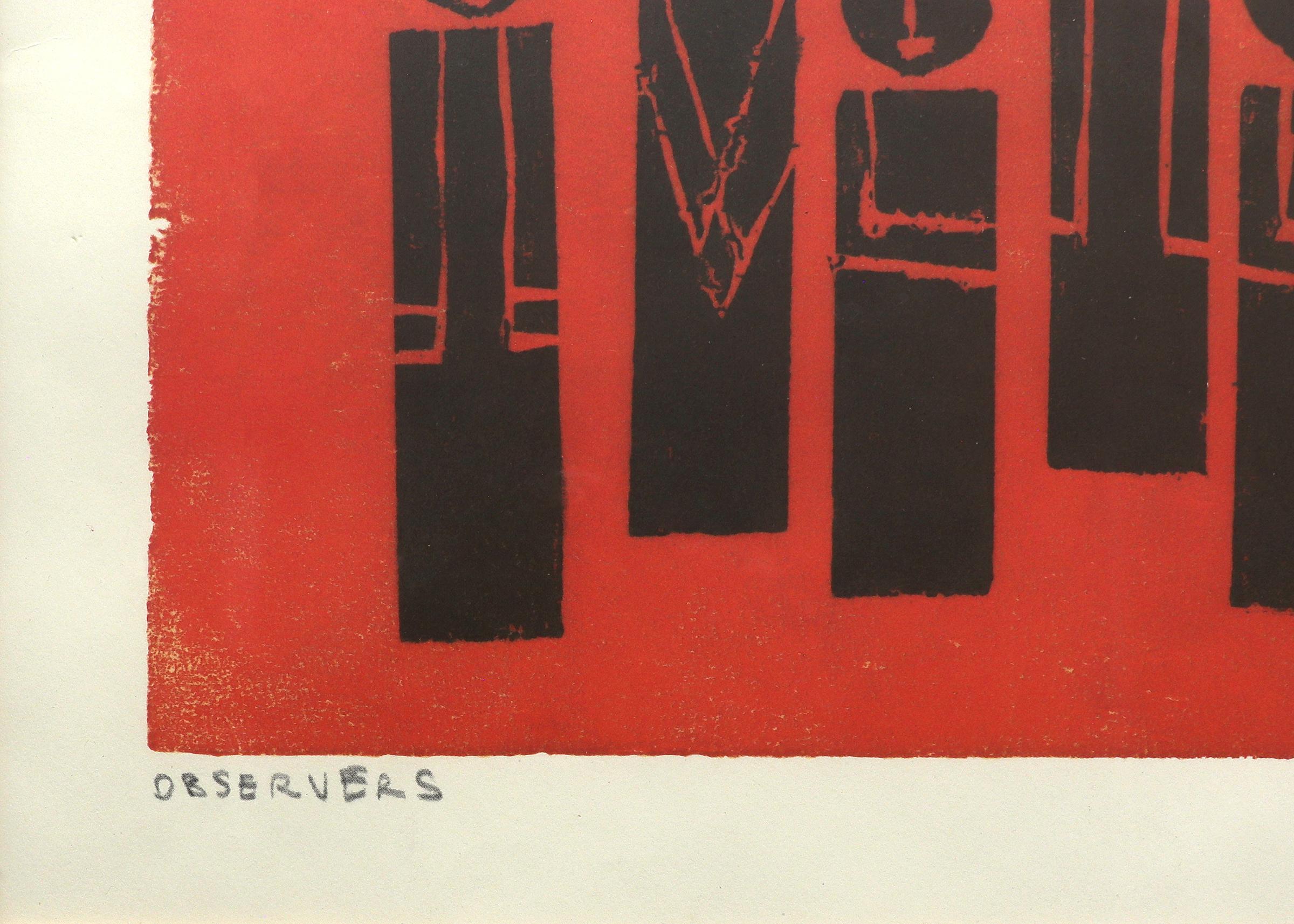 Mid Century Modern Woodblock Print, Red Black Group of Figures, American Modern For Sale 2