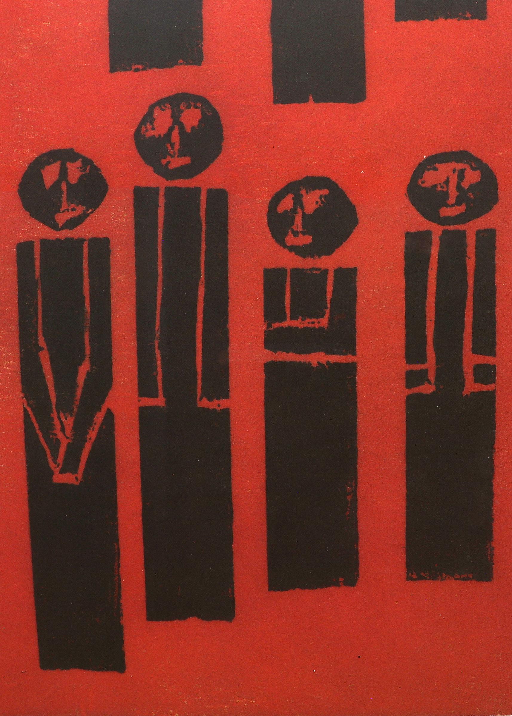 Mid Century Modern Woodblock Print, Red Black Group of Figures, American Modern For Sale 3
