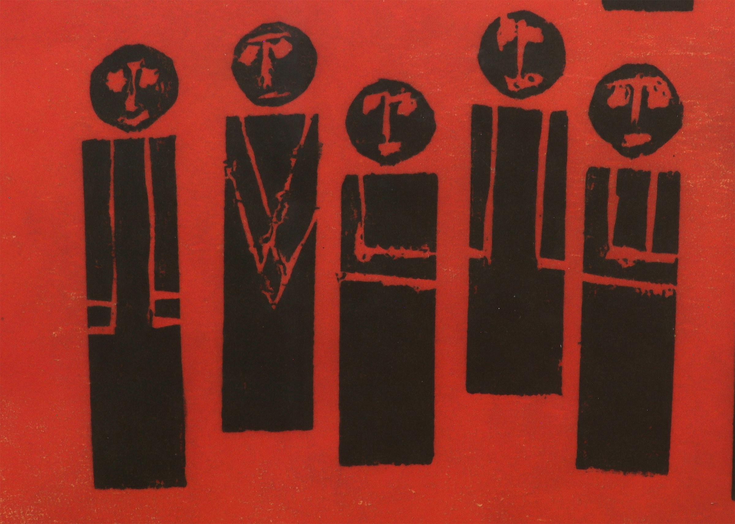 Mid Century Modern Woodblock Print, Red Black Group of Figures, American Modern For Sale 4