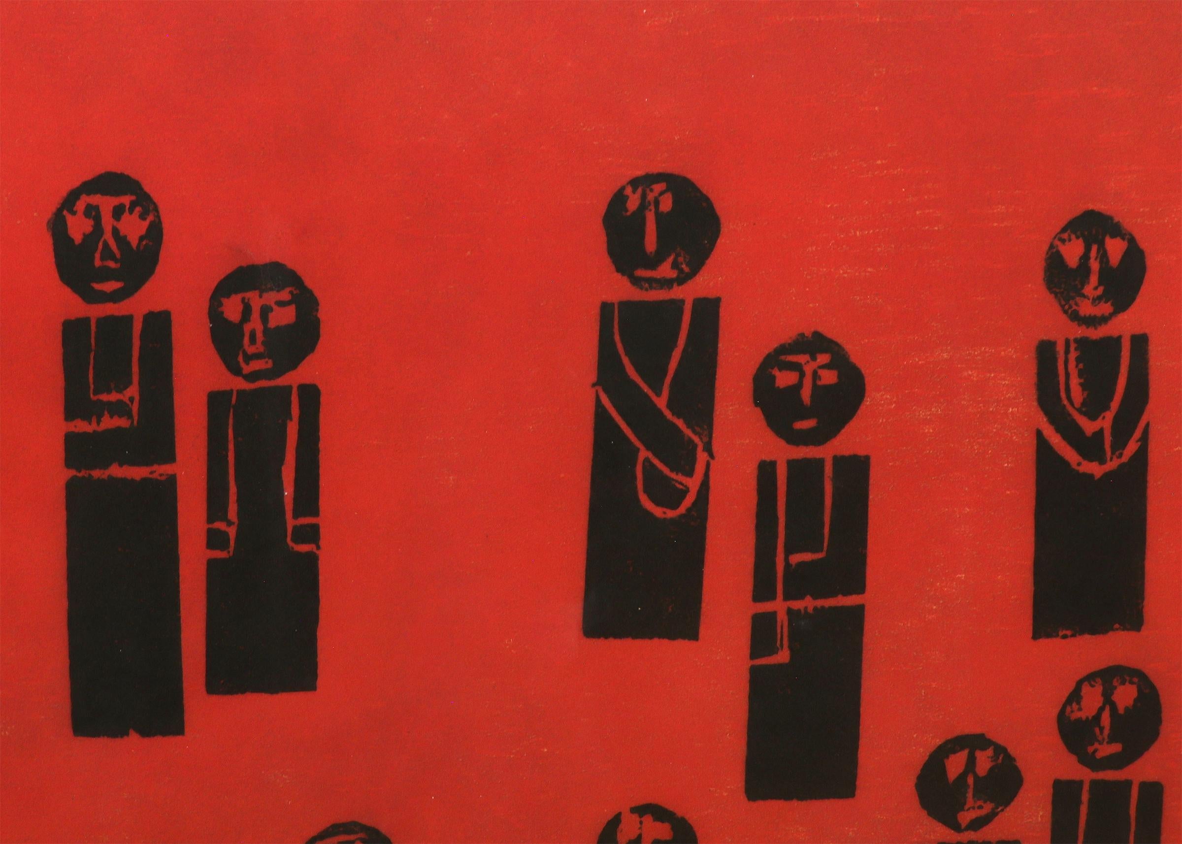 Mid Century Modern Woodblock Print, Red Black Group of Figures, American Modern For Sale 5