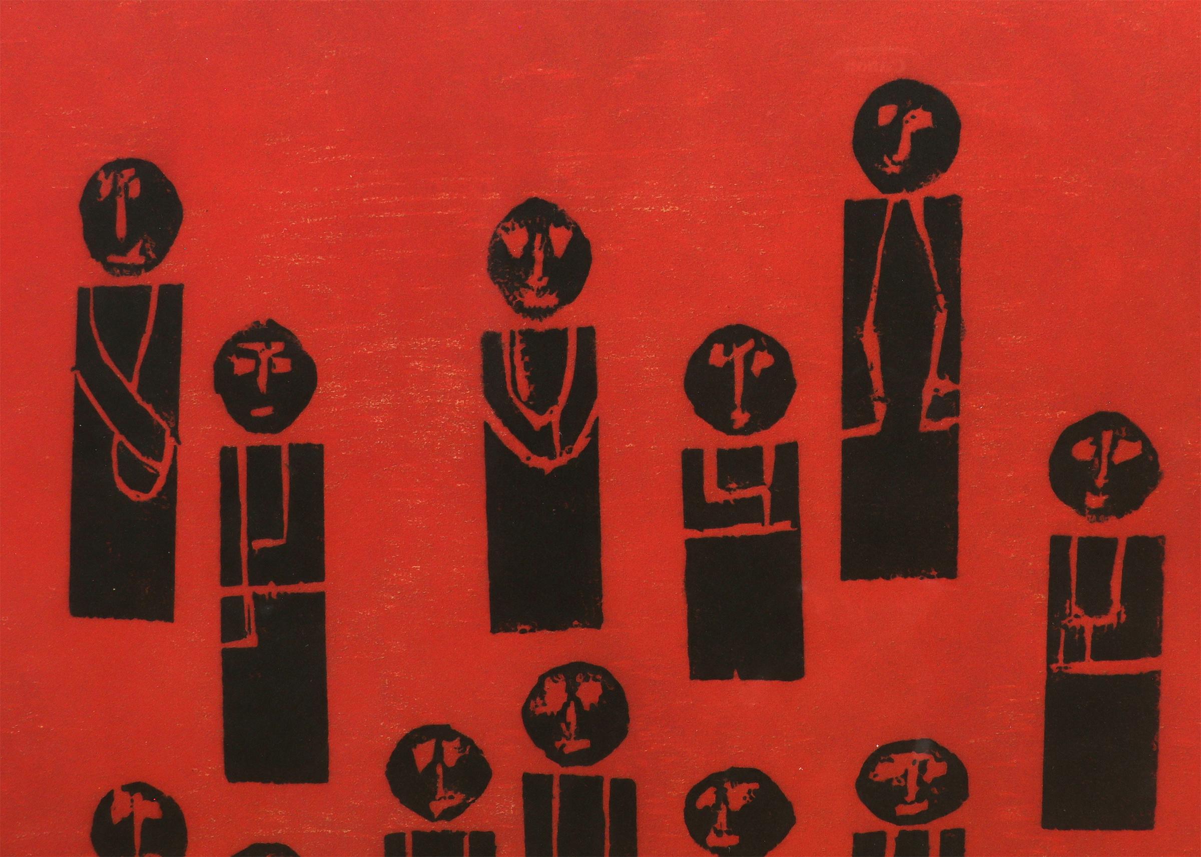 Mid Century Modern Woodblock Print, Red Black Group of Figures, American Modern For Sale 6