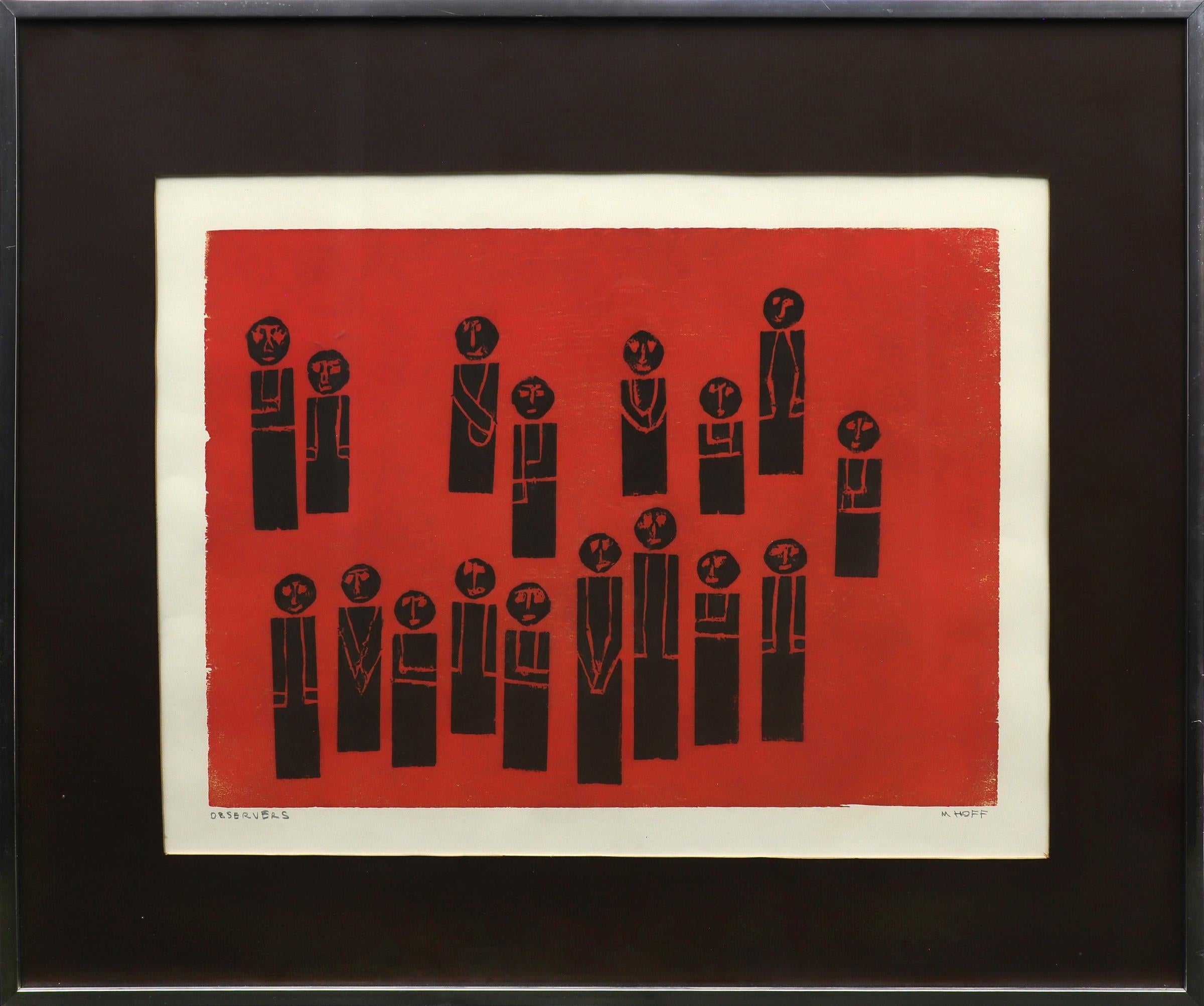 Mid Century Modern Woodblock Print, Red Black Group of Figures, American Modern
