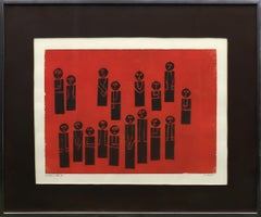 Mid Century Modern Woodblock Print, Red Black Group of Figures, American Modern