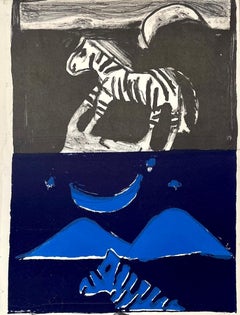 BACK TO EARTH Signed Lithograph, Abstract Landscape, Zebra, Crescent Moon, Grass