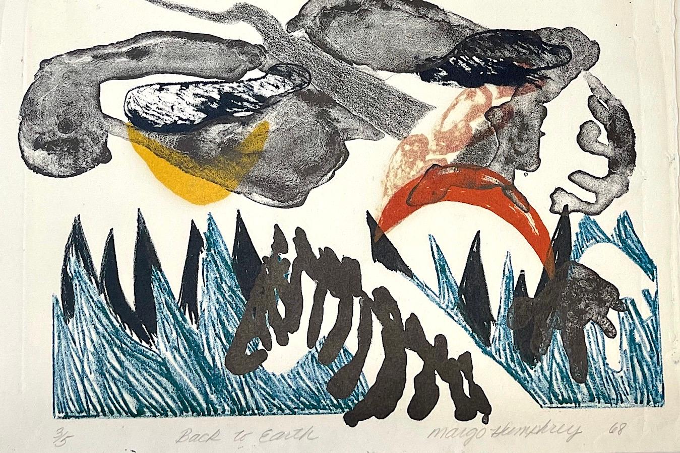 VOLVER A LA TIERRA Litografía firmada, Paisaje abstracto, Cebra, Luna creciente, Hierba - Print Contemporáneo de Margo Humphrey
