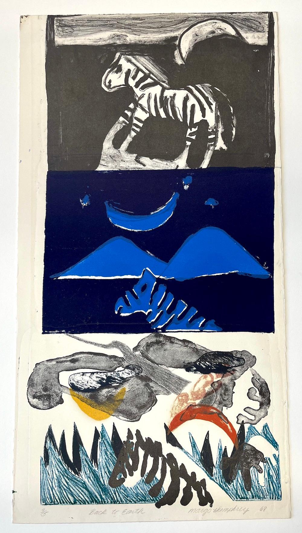 VOLVER A LA TIERRA Litografía firmada, Paisaje abstracto, Cebra, Luna creciente, Hierba en venta 2