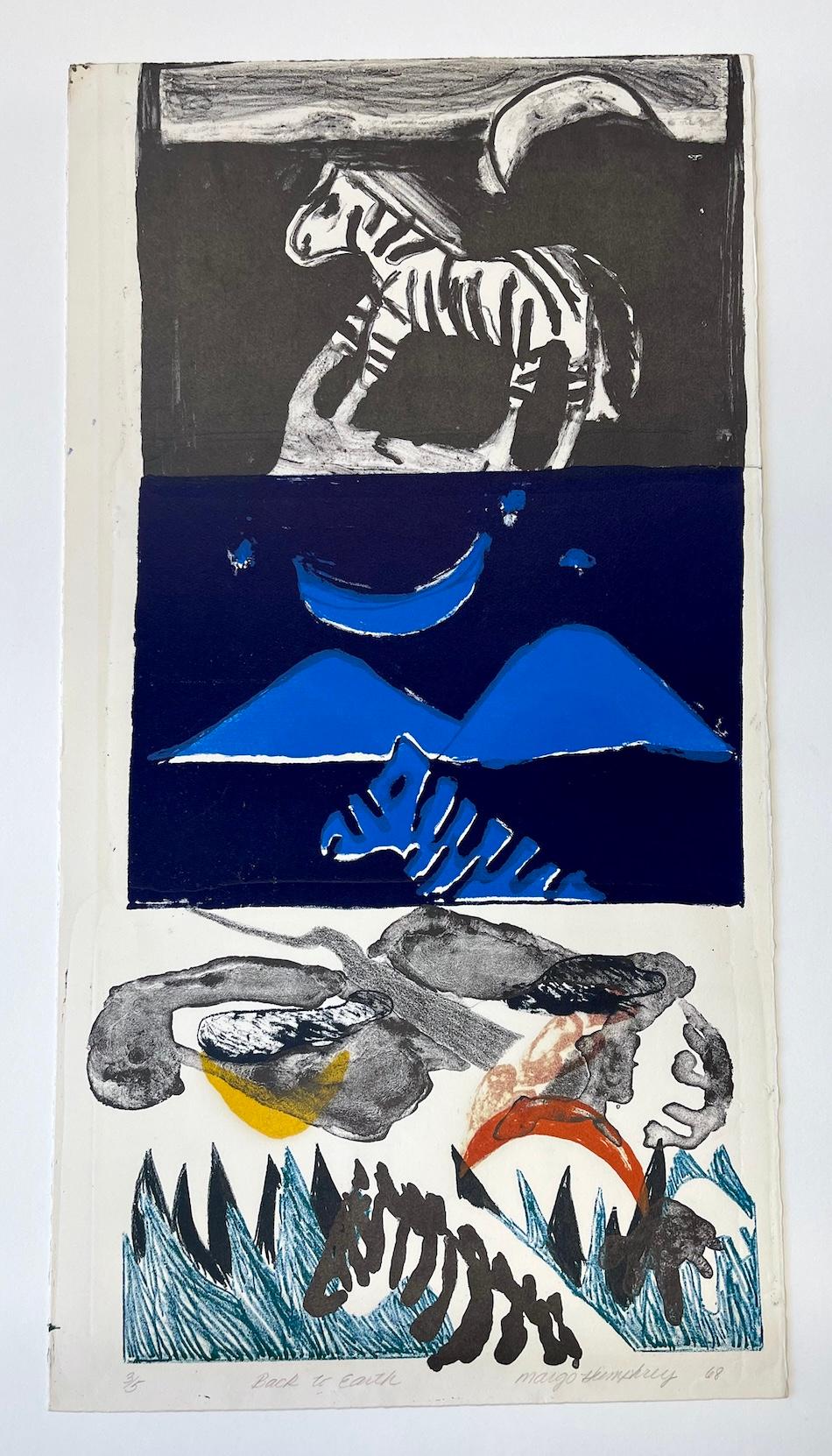 VOLVER A LA TIERRA Litografía firmada, Paisaje abstracto, Cebra, Luna creciente, Hierba en venta 3