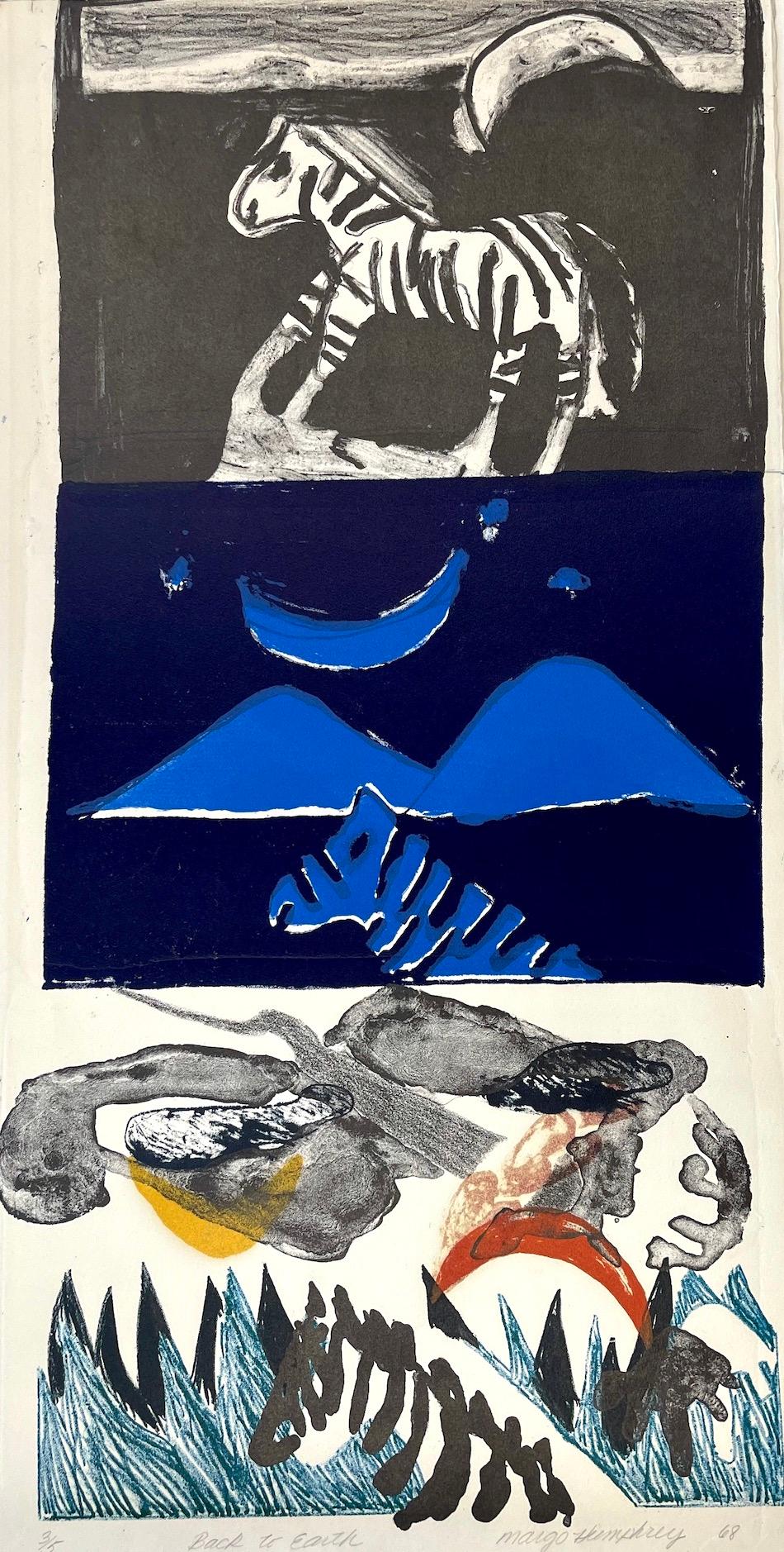 Animal Print de Margo Humphrey - VOLVER A LA TIERRA Litografía firmada, Paisaje abstracto, Cebra, Luna creciente, Hierba