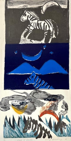 VOLVER A LA TIERRA Litografía firmada, Paisaje abstracto, Cebra, Luna creciente, Hierba