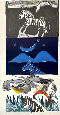 VOLVER A LA TIERRA Litografía firmada, Paisaje abstracto, Cebra, Luna creciente, Hierba