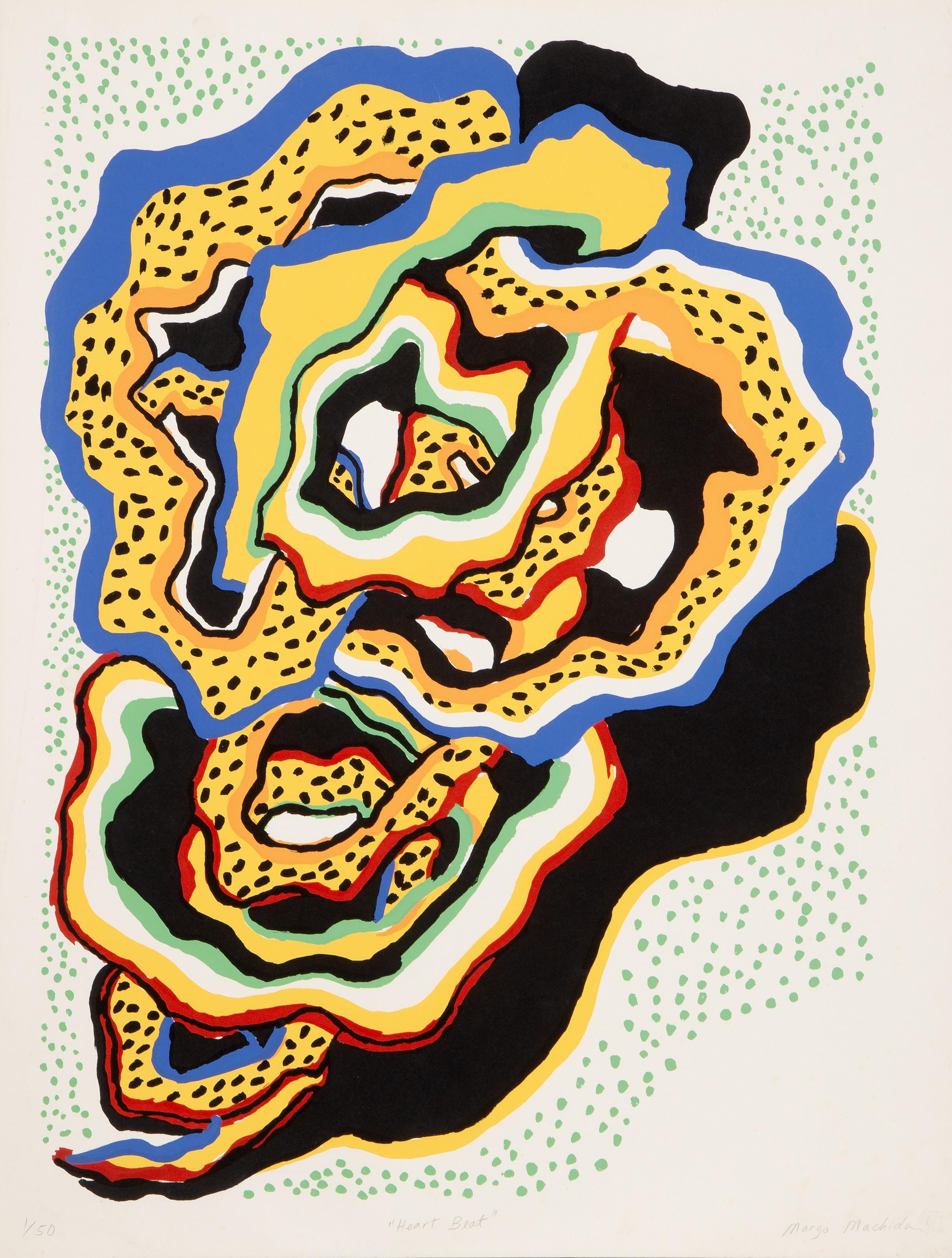  Margo Machida -  Heart Beat, Jahr: circa 1970, Medium: Siebdruck, signiert, betitelt und nummeriert mit Bleistift, Auflage: 1/50, Bildgröße: 28 x 20 Zoll, Größe: 30 x 23 Zoll (76,2 x 58,42 cm) 