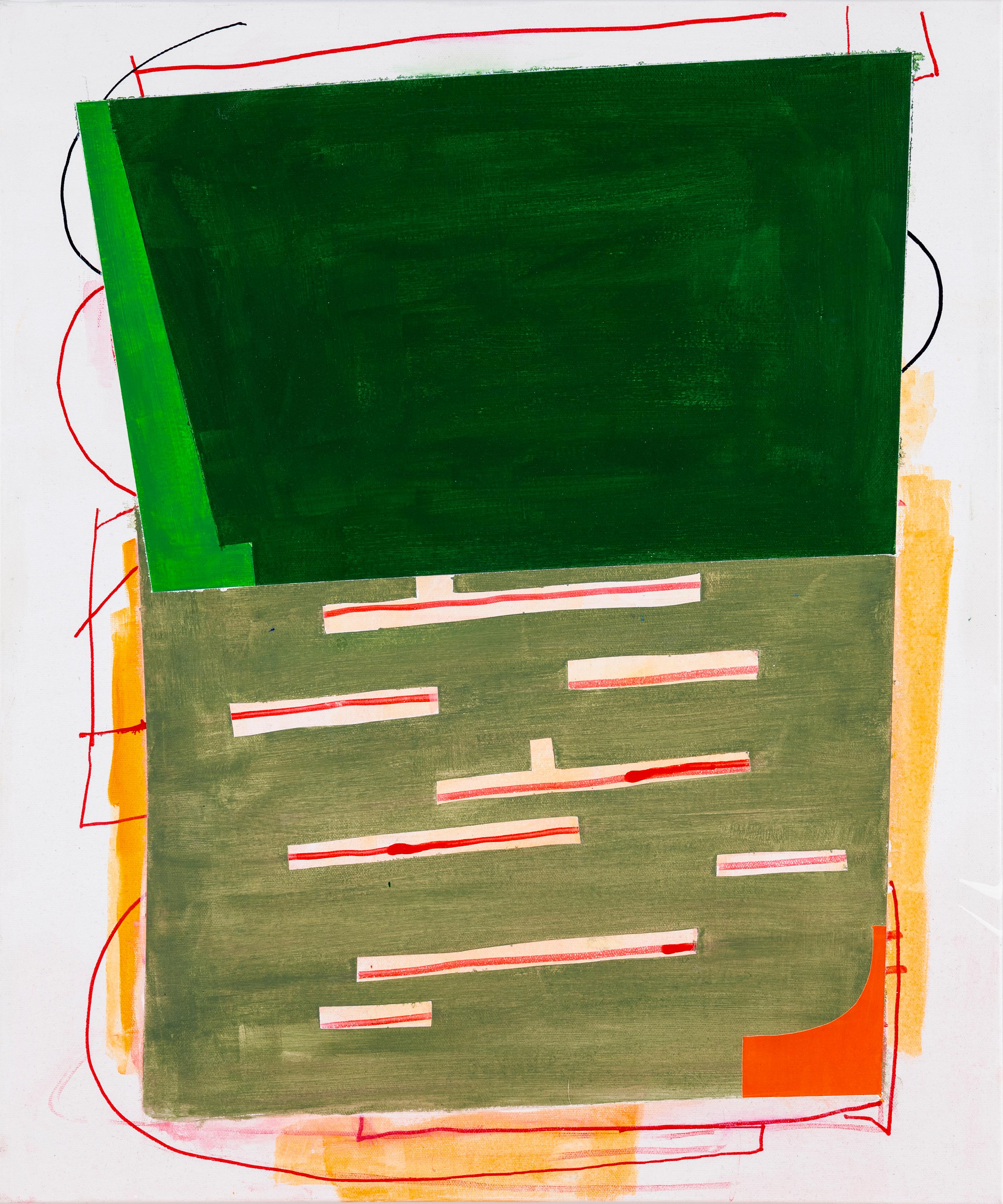 Margo Margolis Abstract Painting - "All the Greens" Playful Abstract Dark, Light, Olive Green - Orange, Red, Yellow
