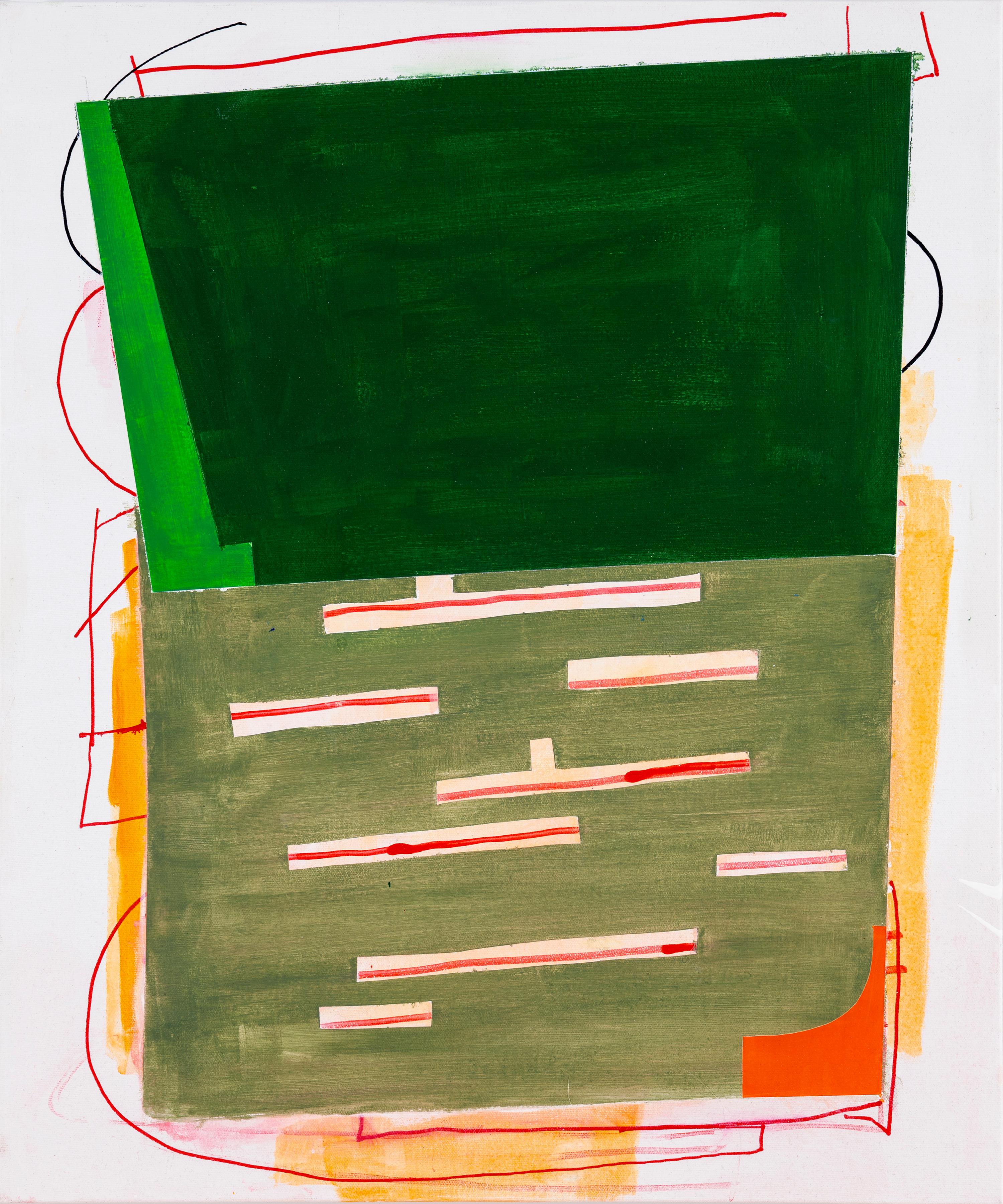 Abstract Painting di Margo Margolis - "Tutti i verdi" Giocoso astratto Verde scuro, verde chiaro, verde oliva - Arancione, rosso, giallo