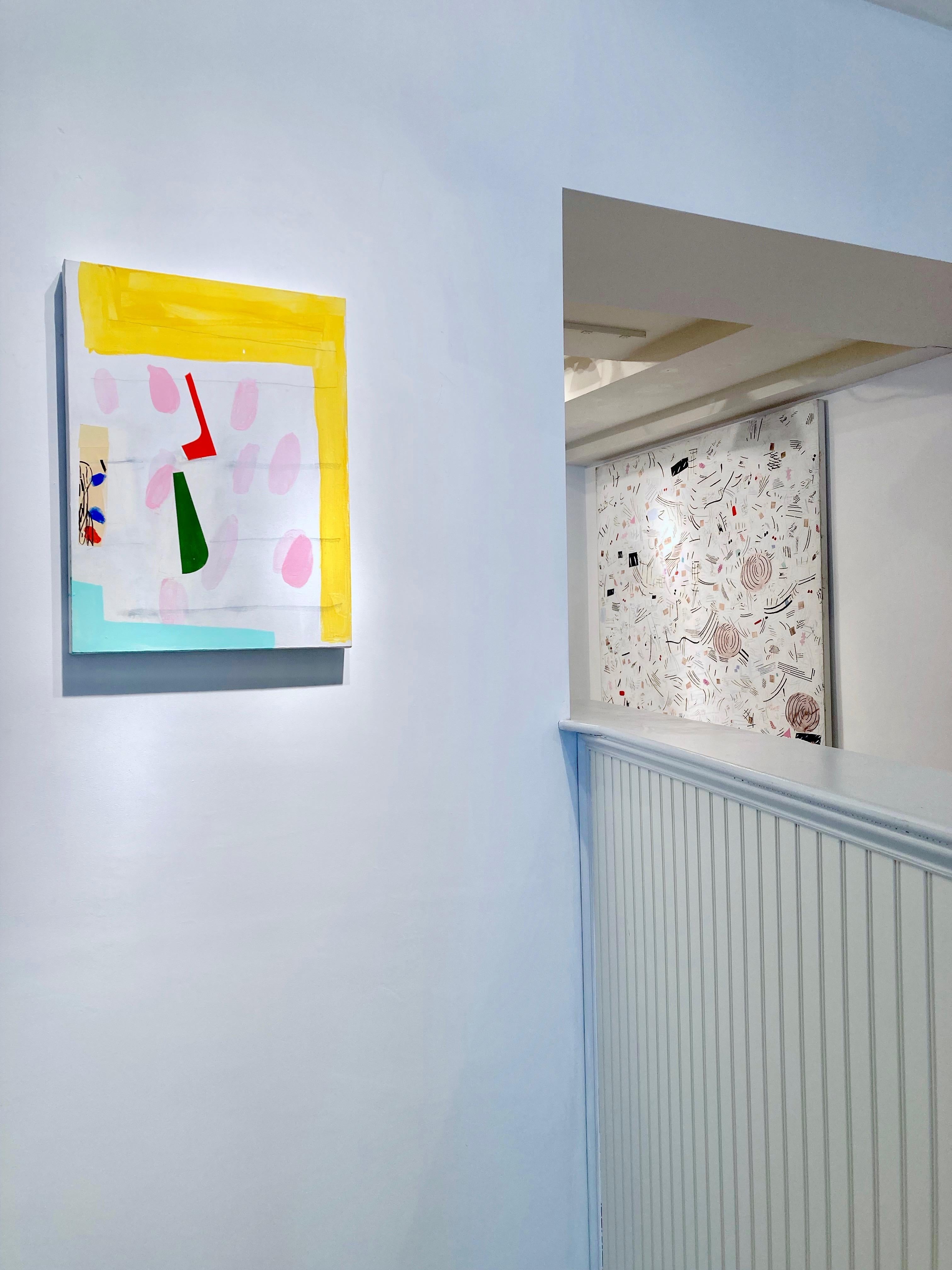 Questa astrazione dell'artista di New York Margo Margolis ha una sensibilità molto sofisticata e giocosa.   colore brillante e intenso (blu chiaro, blu scuro, arancione e bianco) che è l'attributo significativo del medium flashe dell'artista, una